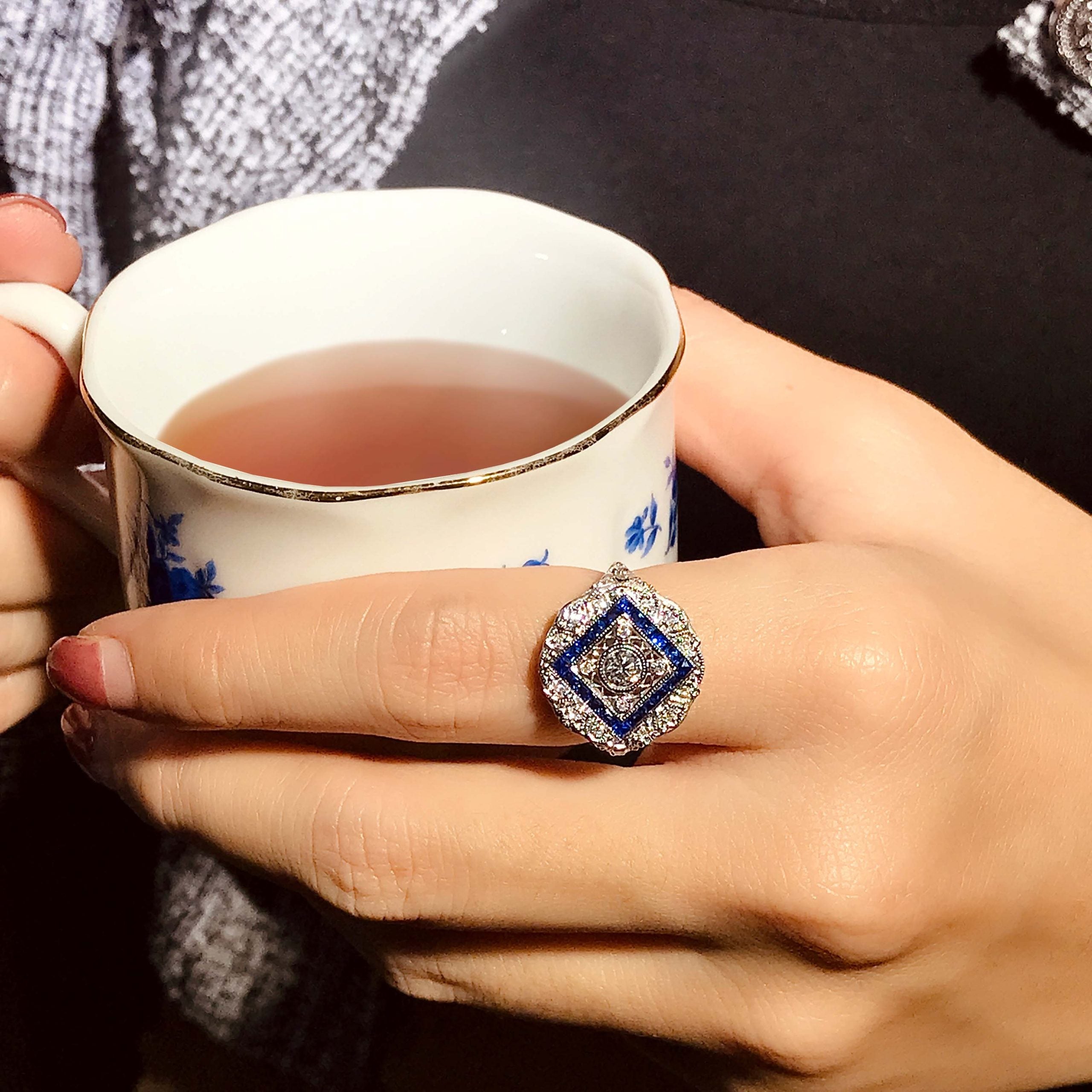 Diamond & Blue Sapphire Halo Art Deco Inspired Style 18K White Gold Shield Ring