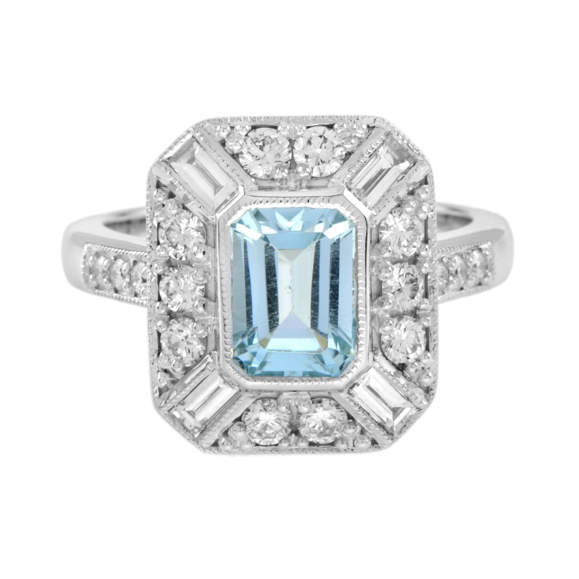 Blue Aquamarine & Diamond Halo Art Deco Style Engagement 14K White Gold Ring