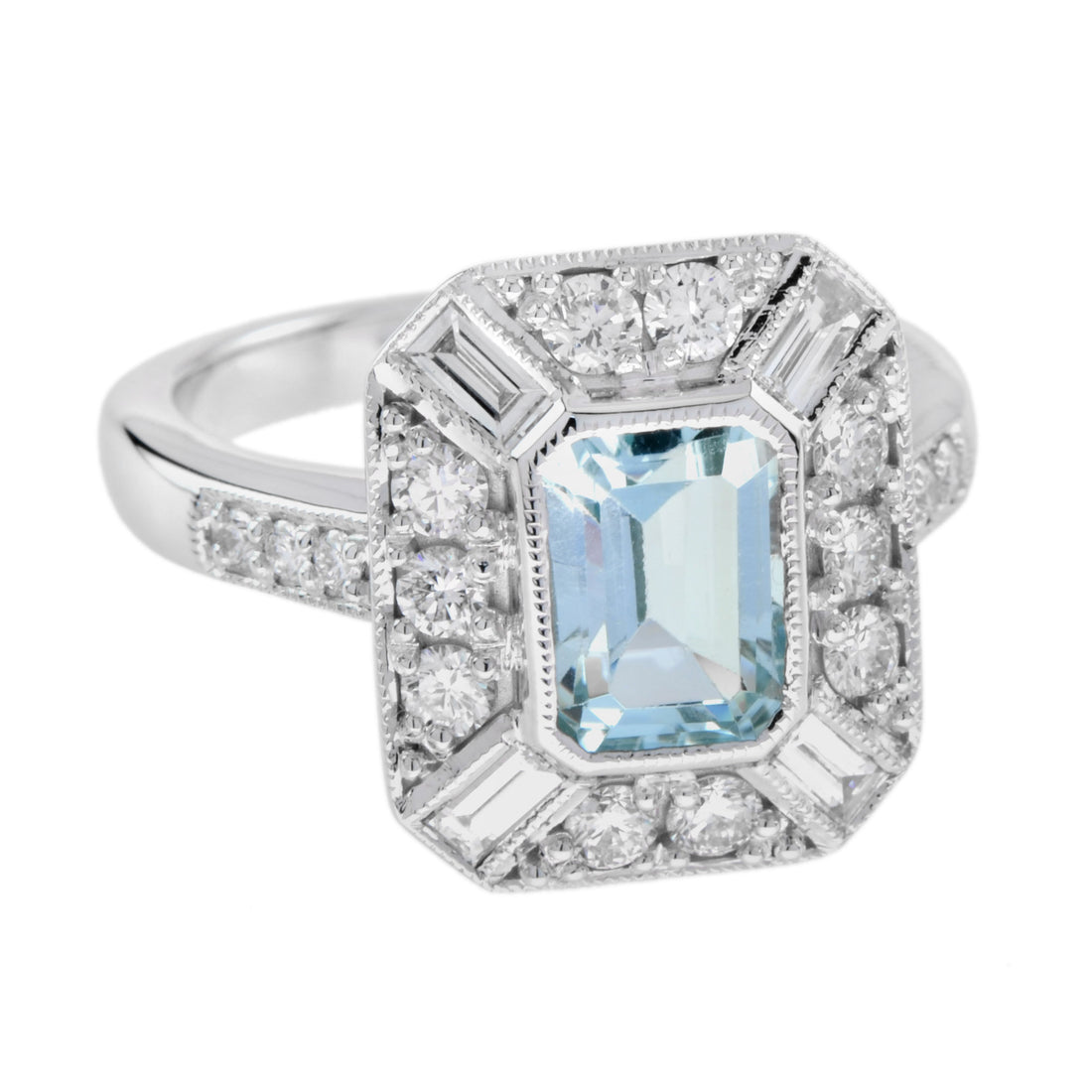 Blue Aquamarine & Diamond Halo Art Deco Style Engagement 14K White Gold Ring