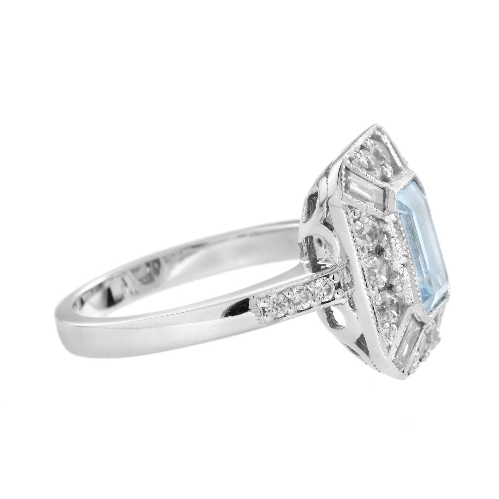 Blue Aquamarine & Diamond Halo Art Deco Style Engagement 14K White Gold Ring