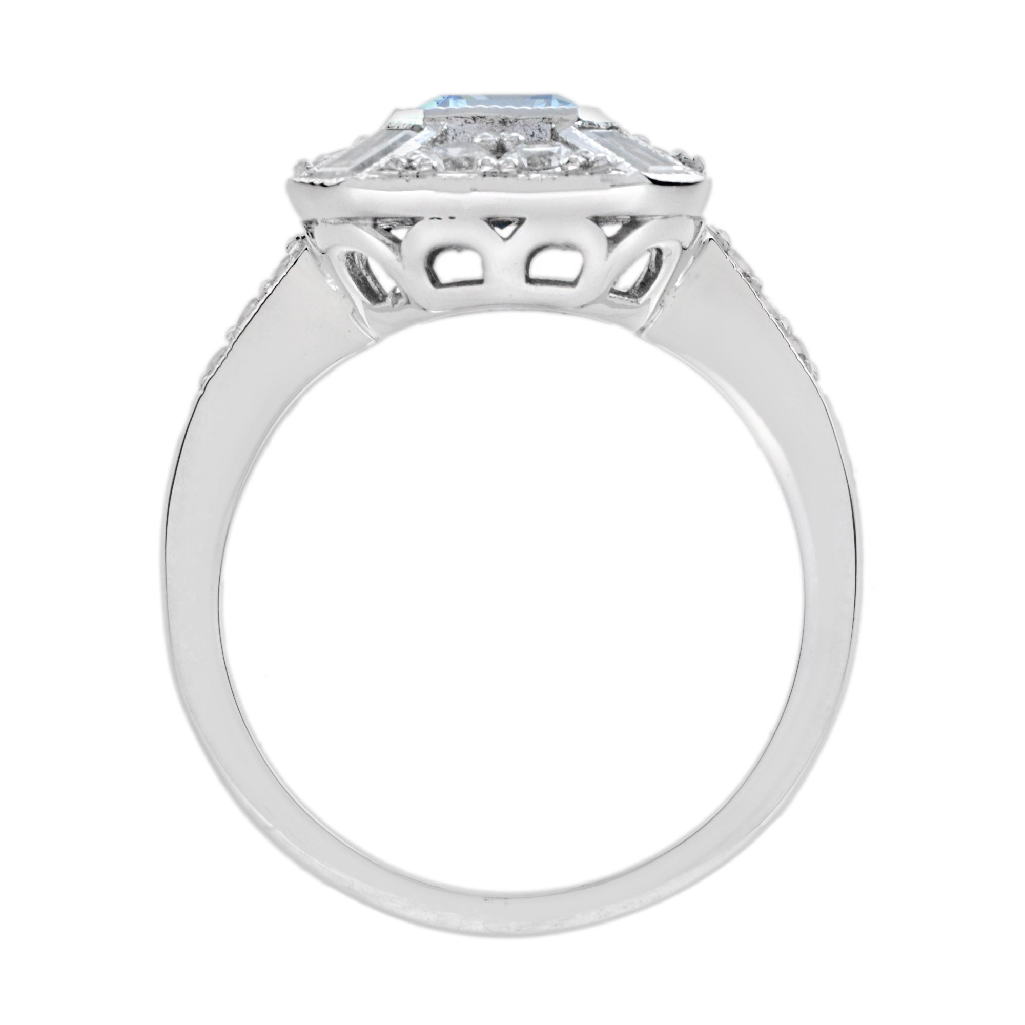 Blue Aquamarine & Diamond Halo Art Deco Style Engagement 14K White Gold Ring