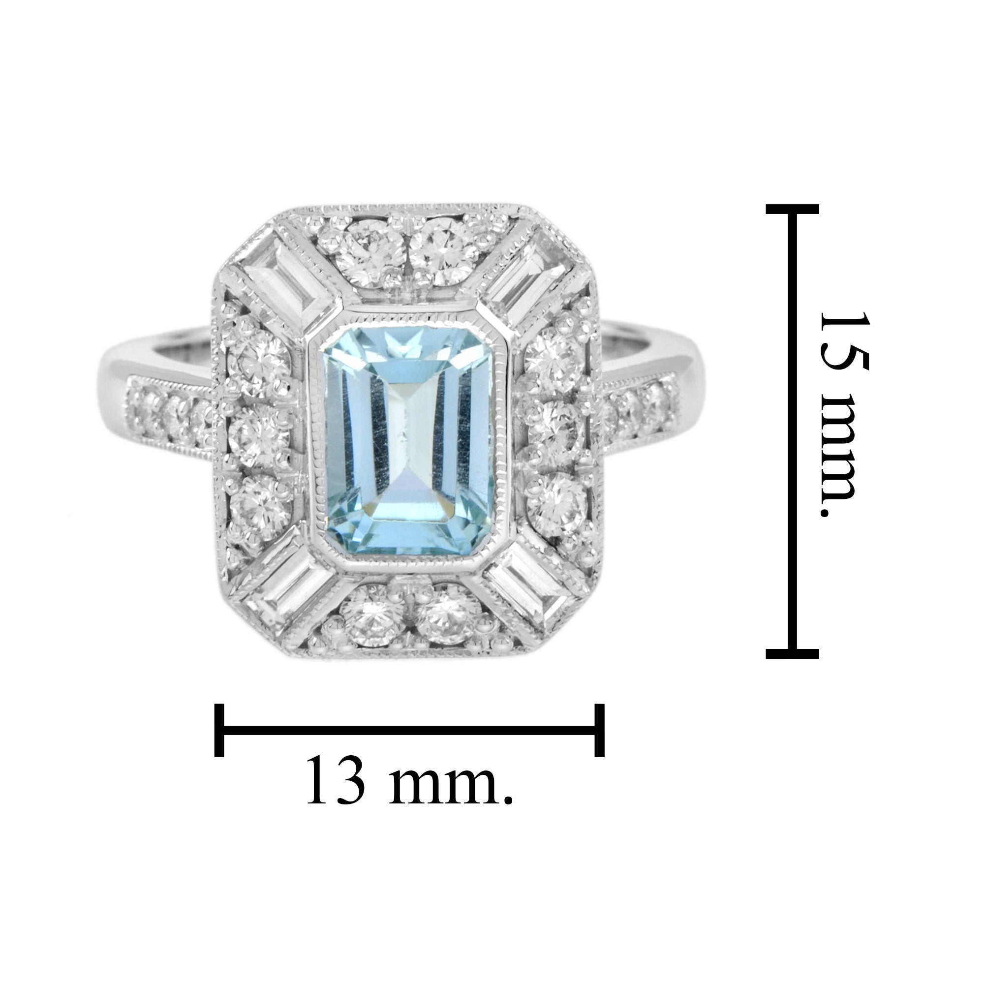 Blue Aquamarine & Diamond Halo Art Deco Style Engagement 14K White Gold Ring
