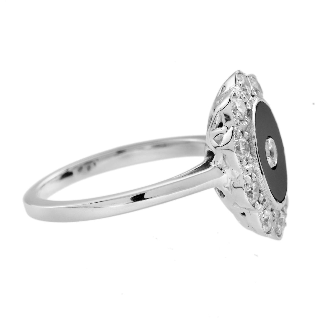Diamond & Black Onyx Vintage Inspired Style Halo 14K White Gold Ring