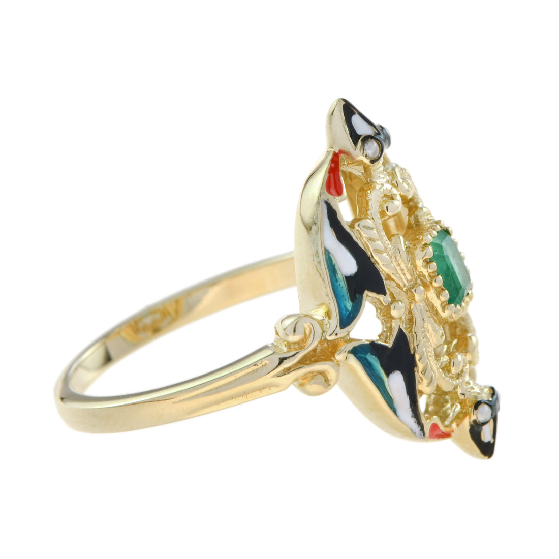 Unique Vintage Style Emerald & Pearl with Enamel Cocktail 14K Yellow Gold Ring