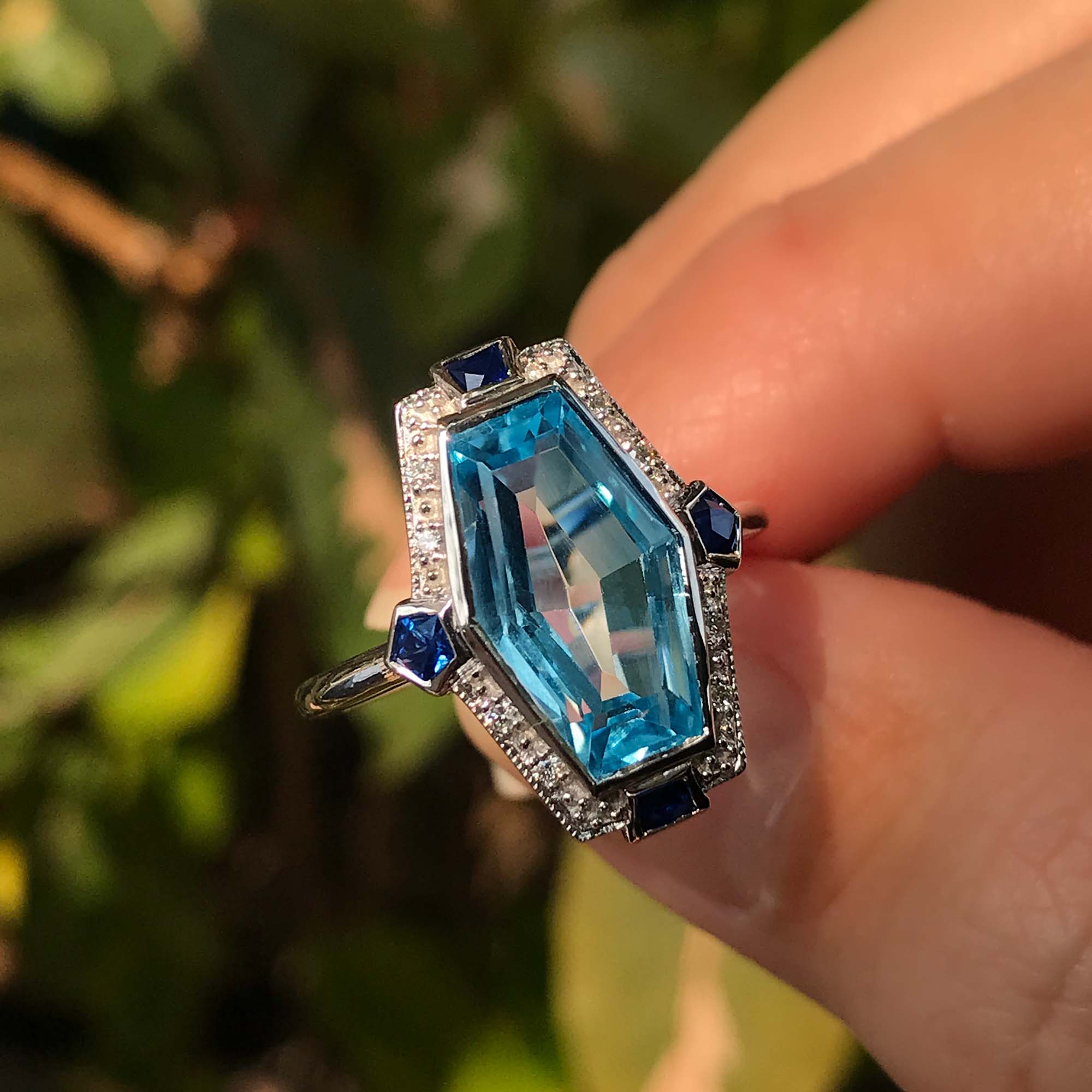 Elongated Hexagon Blue Topaz & Diamond Sapphire Art Deco Style White Gold Ring