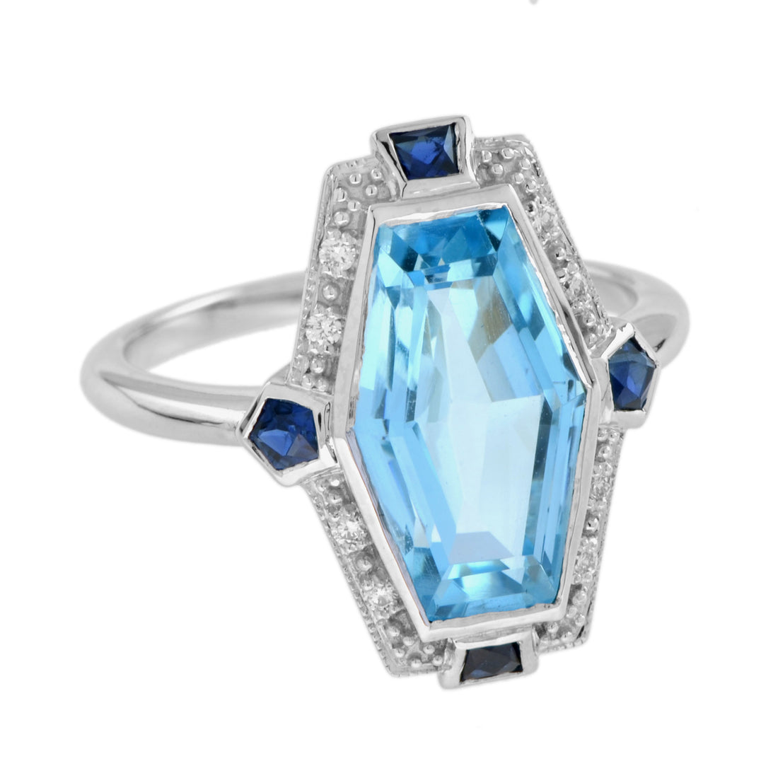 Elongated Hexagon Blue Topaz & Diamond Sapphire Art Deco Style White Gold Ring