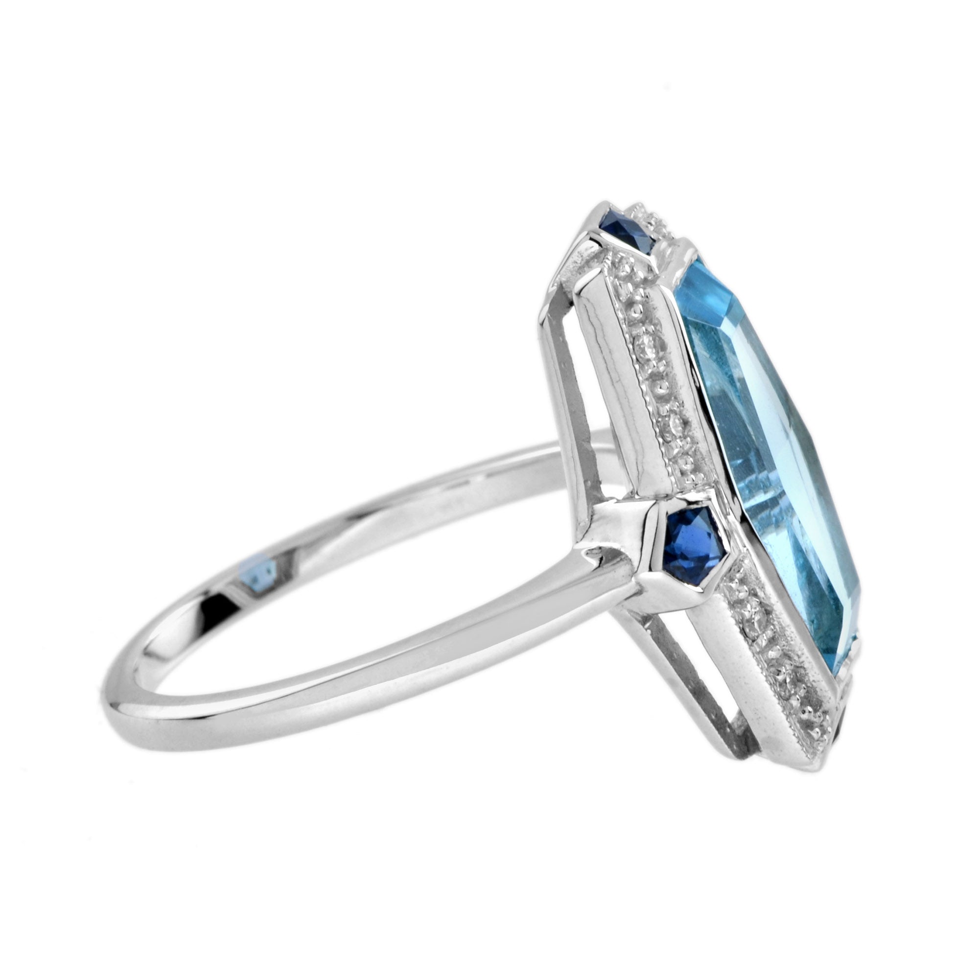 Elongated Hexagon Blue Topaz & Diamond Sapphire Art Deco Style White Gold Ring
