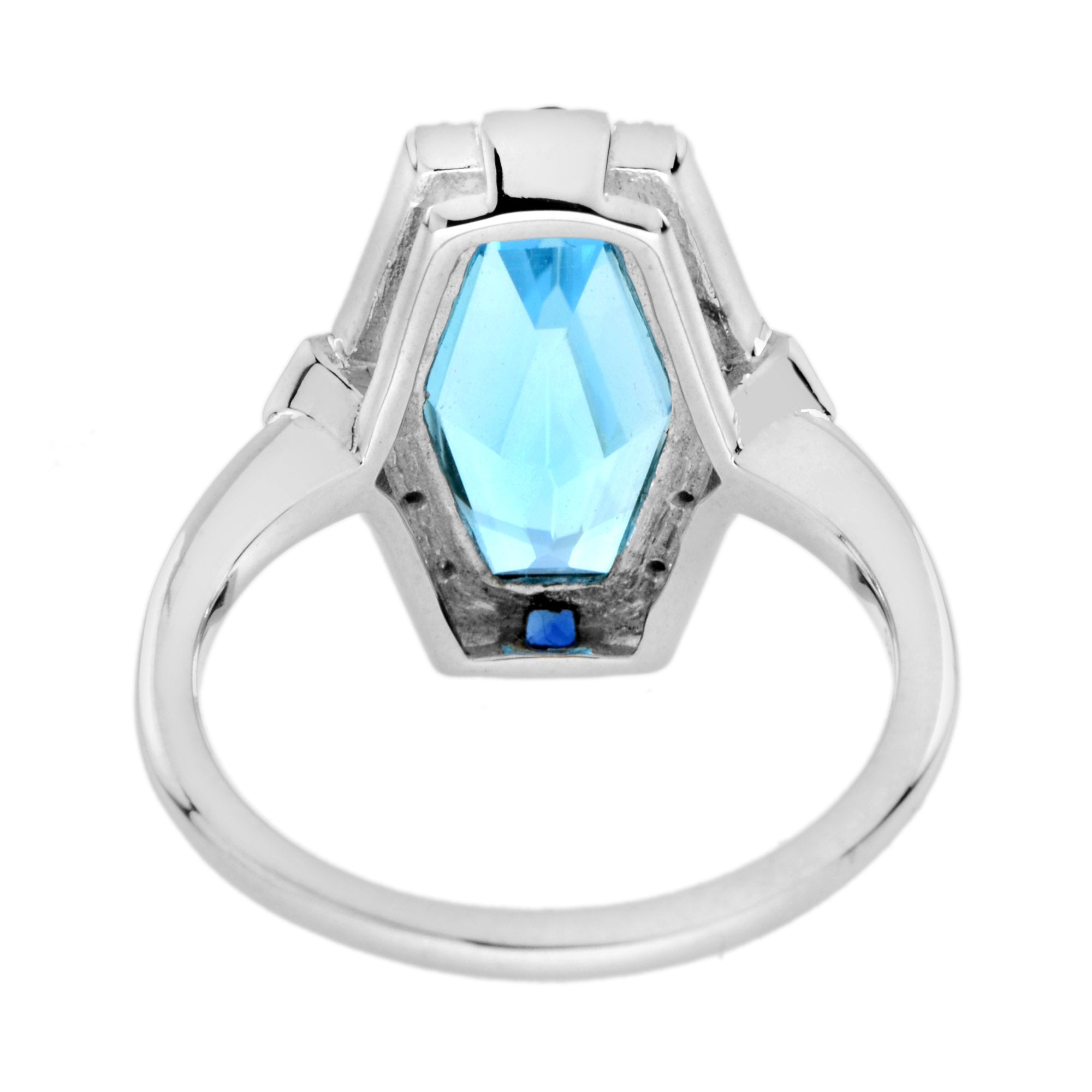 Elongated Hexagon Blue Topaz & Diamond Sapphire Art Deco Style White Gold Ring