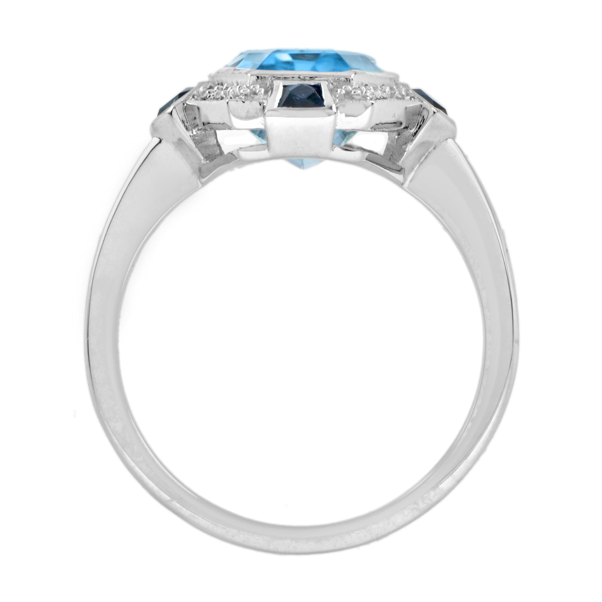 Elongated Hexagon Blue Topaz & Diamond Sapphire Art Deco Style White Gold Ring