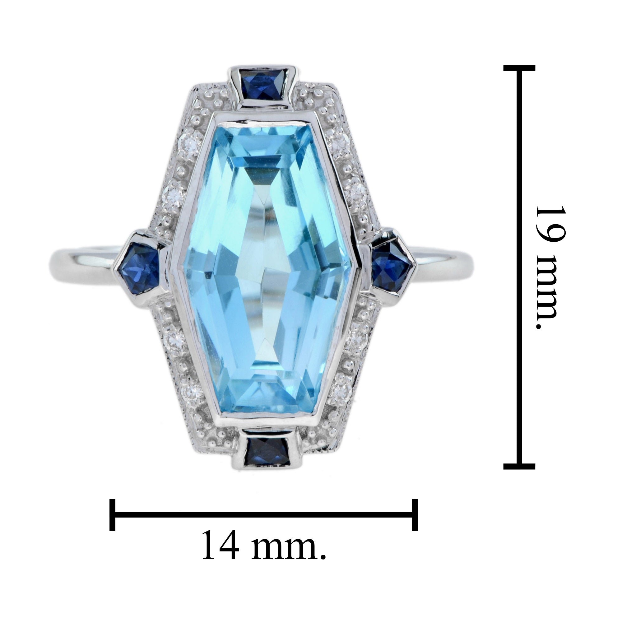 Elongated Hexagon Blue Topaz & Diamond Sapphire Art Deco Style White Gold Ring