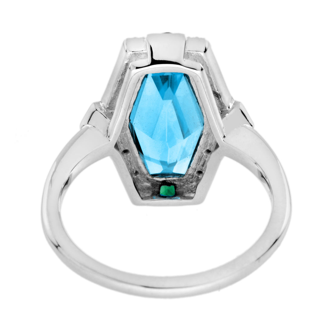Elongated Hexagon London Blue Topaz & Emerald Diamond Art Deco Style Gold Ring