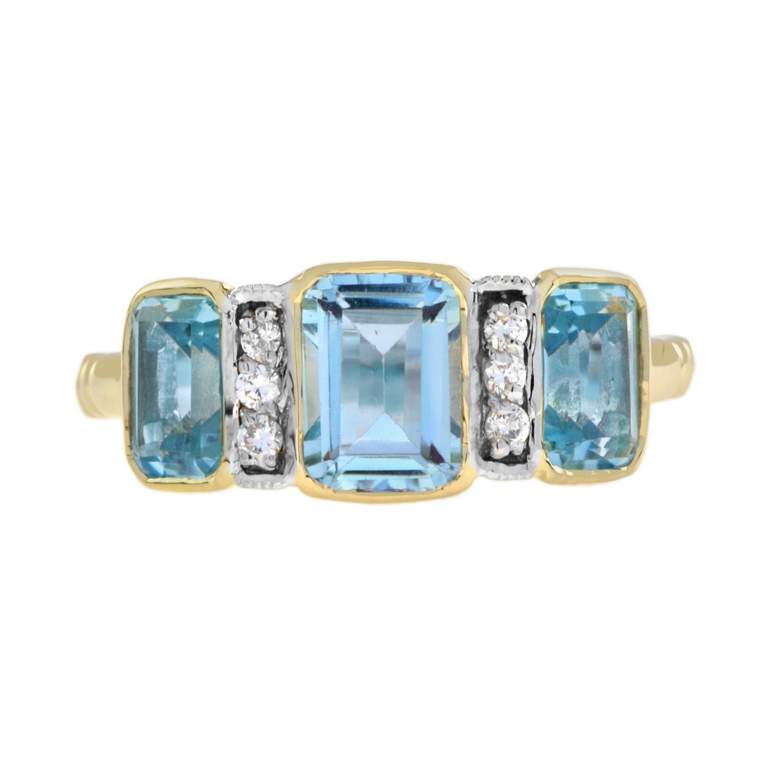 Blue Topaz & Diamond Art Deco Style Three Stone 14K Yellow Gold Ring