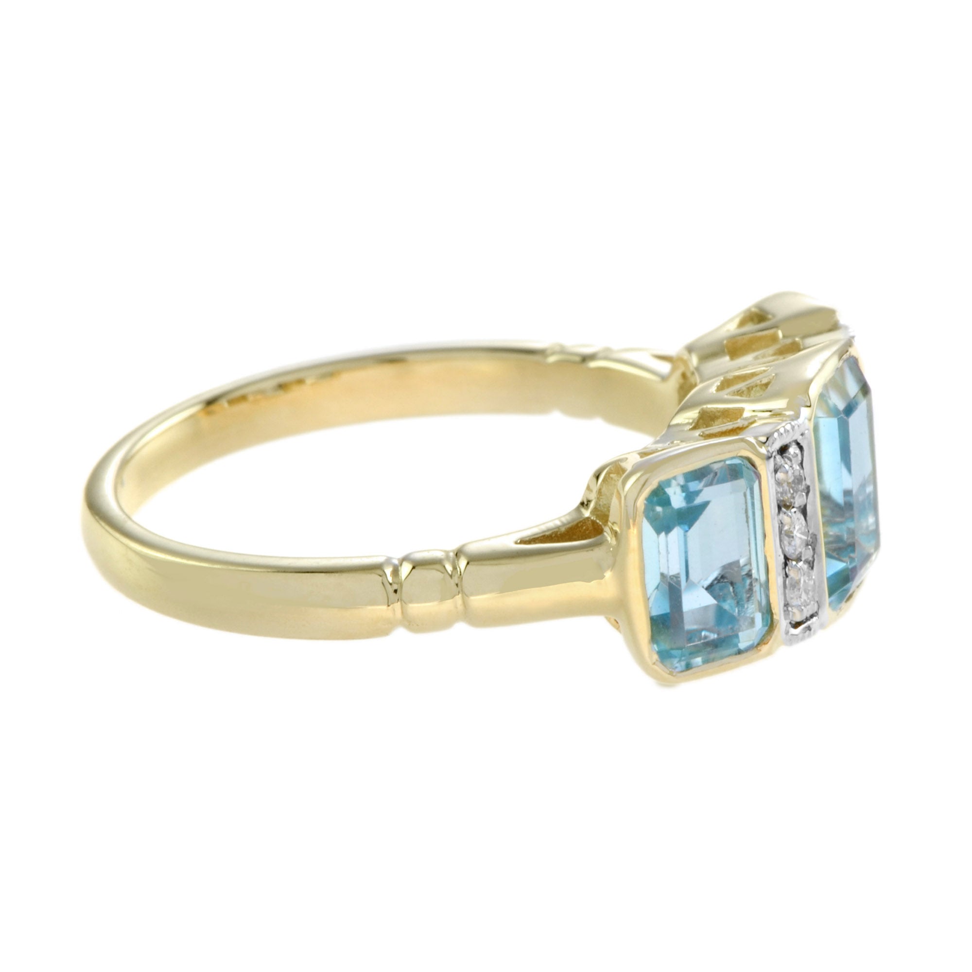 Blue Topaz & Diamond Art Deco Style Three Stone 14K Yellow Gold Ring