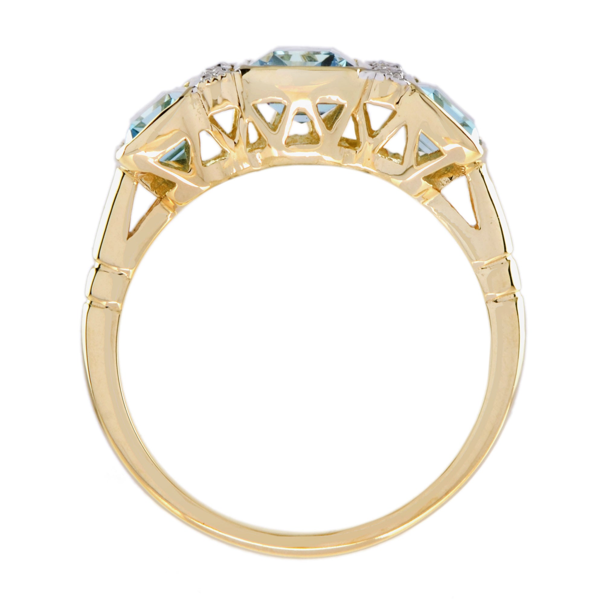 Blue Topaz & Diamond Art Deco Style Three Stone 14K Yellow Gold Ring
