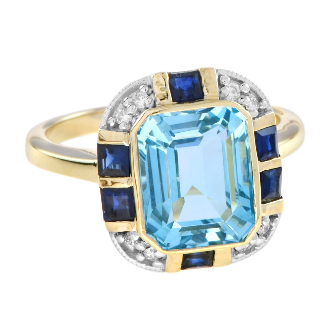 Art Deco Style Light Blue Topaz Sapphire & Diamond Yellow Gold Shield Ring