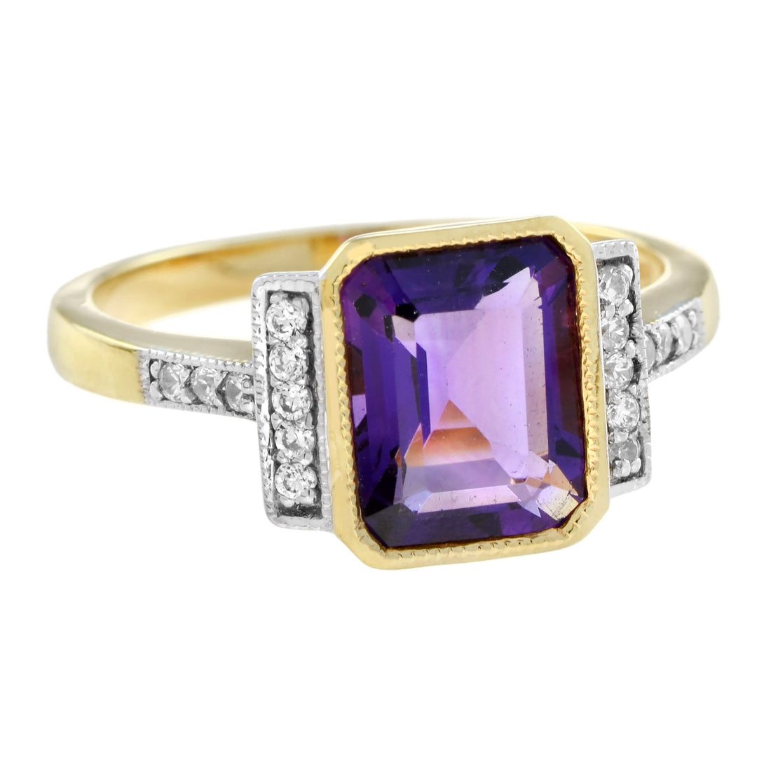 Emerald Cut Purple Violet Amethyst & Diamond Shoulder 14K White Yellow Gold Ring