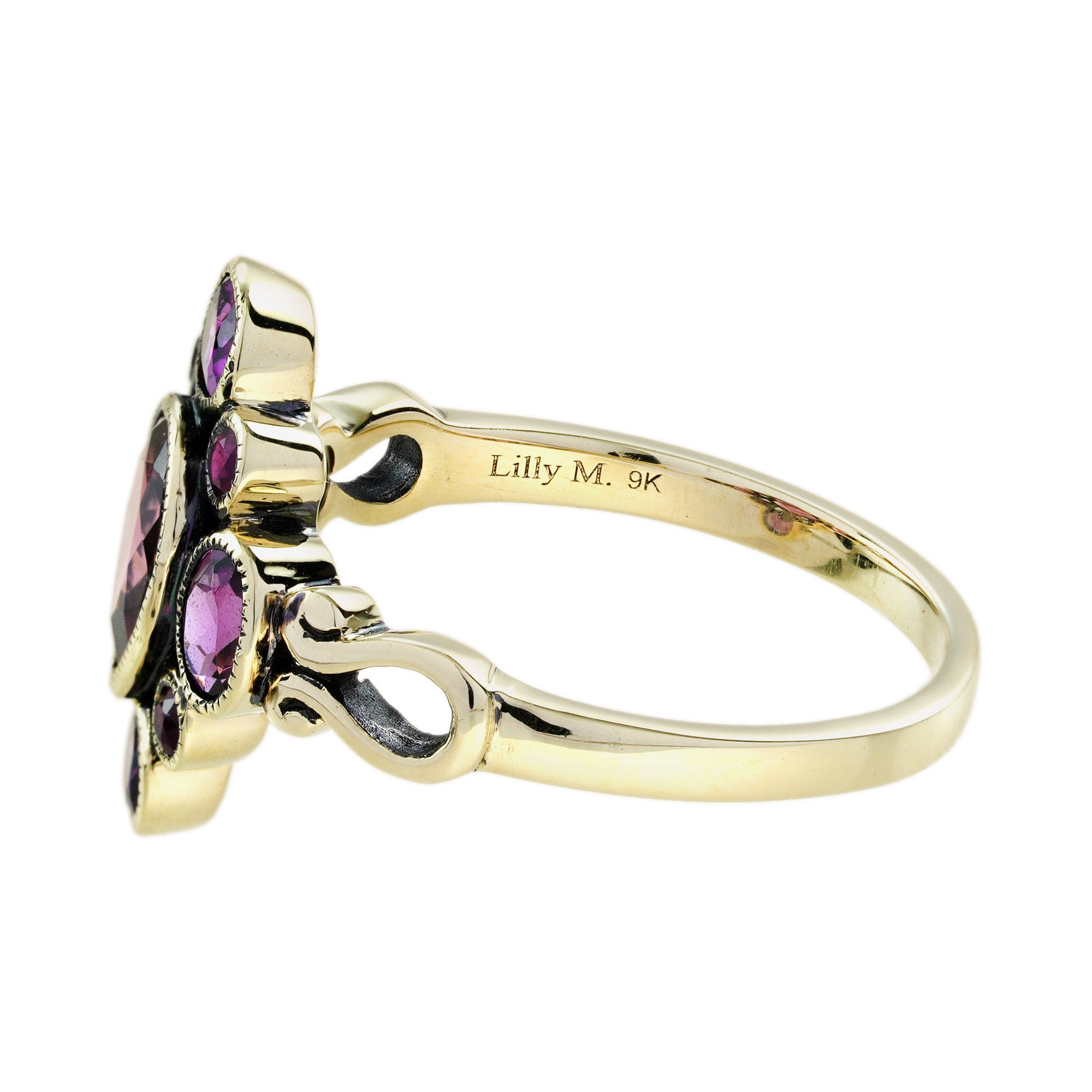 Vintage Style Pear Shape Pink Tourmaline & Ruby Rhodolite Cluster 9K Gold Ring