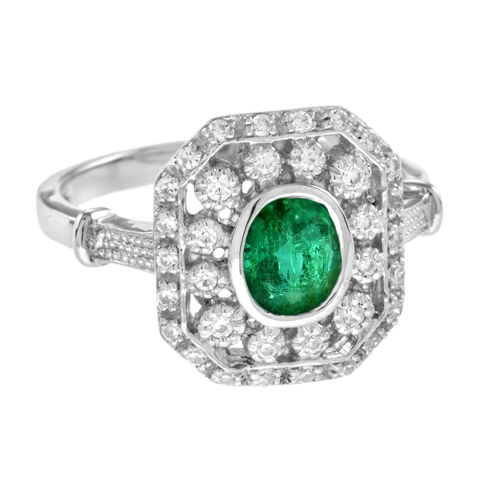 Oval Emerald & Diamond Art Deco Style Octagon Shape Halo Set 14K White Gold Ring