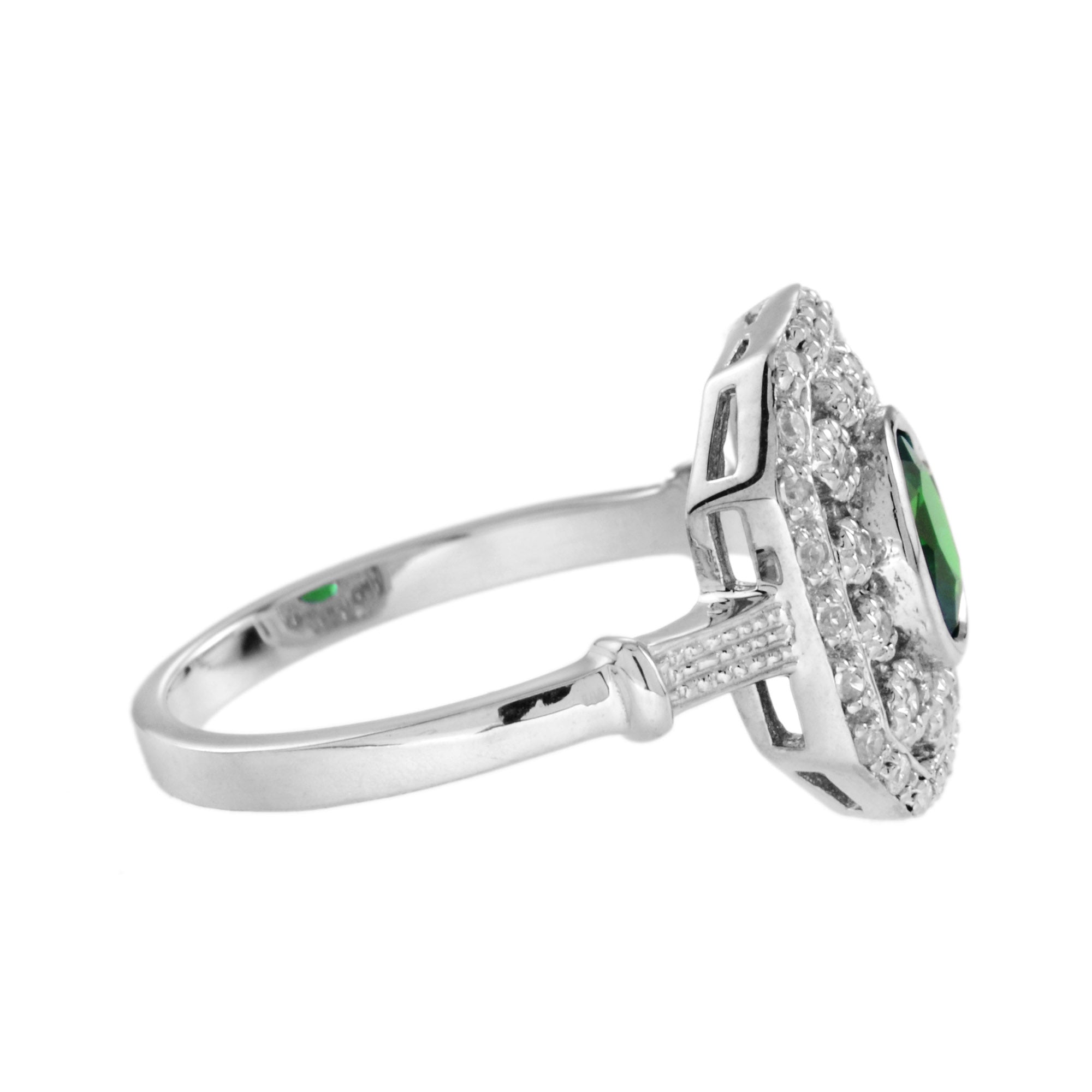 Oval Emerald & Diamond Art Deco Style Octagon Shape Halo Set 14K White Gold Ring
