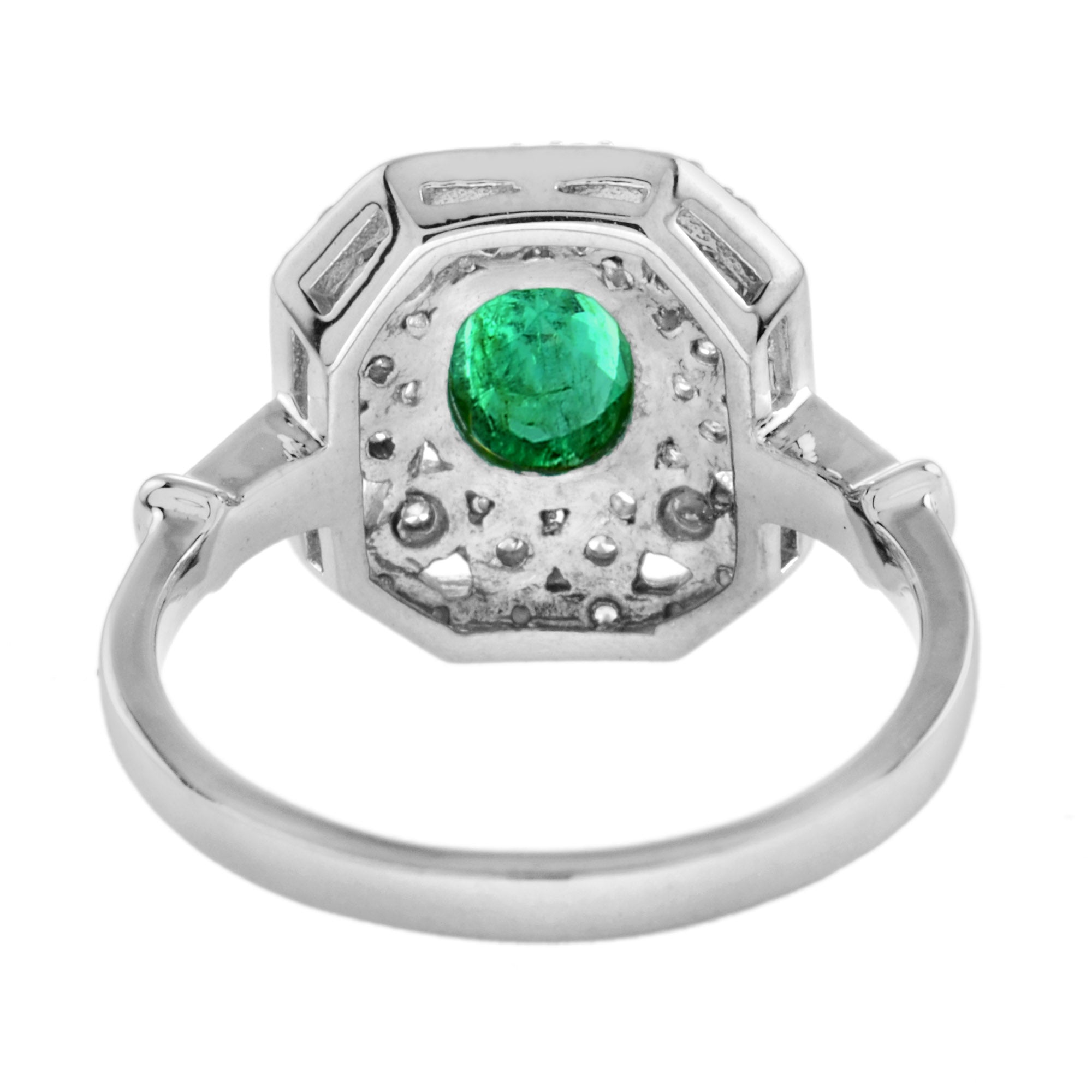 Oval Emerald & Diamond Art Deco Style Octagon Shape Halo Set 14K White Gold Ring
