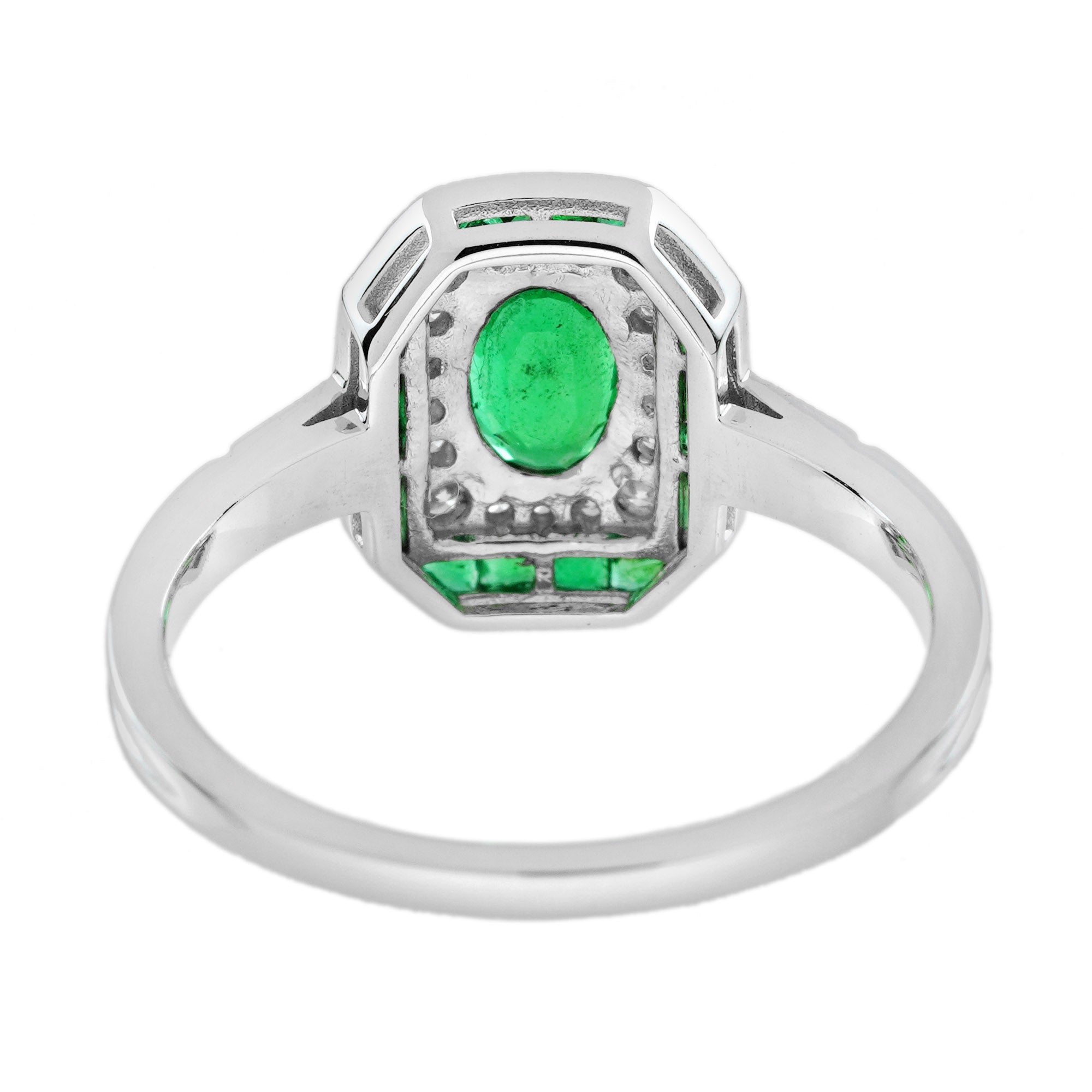 Oval Shape Green Emerald Diamond Vintage Inspire Art Deco Style White Gold Ring