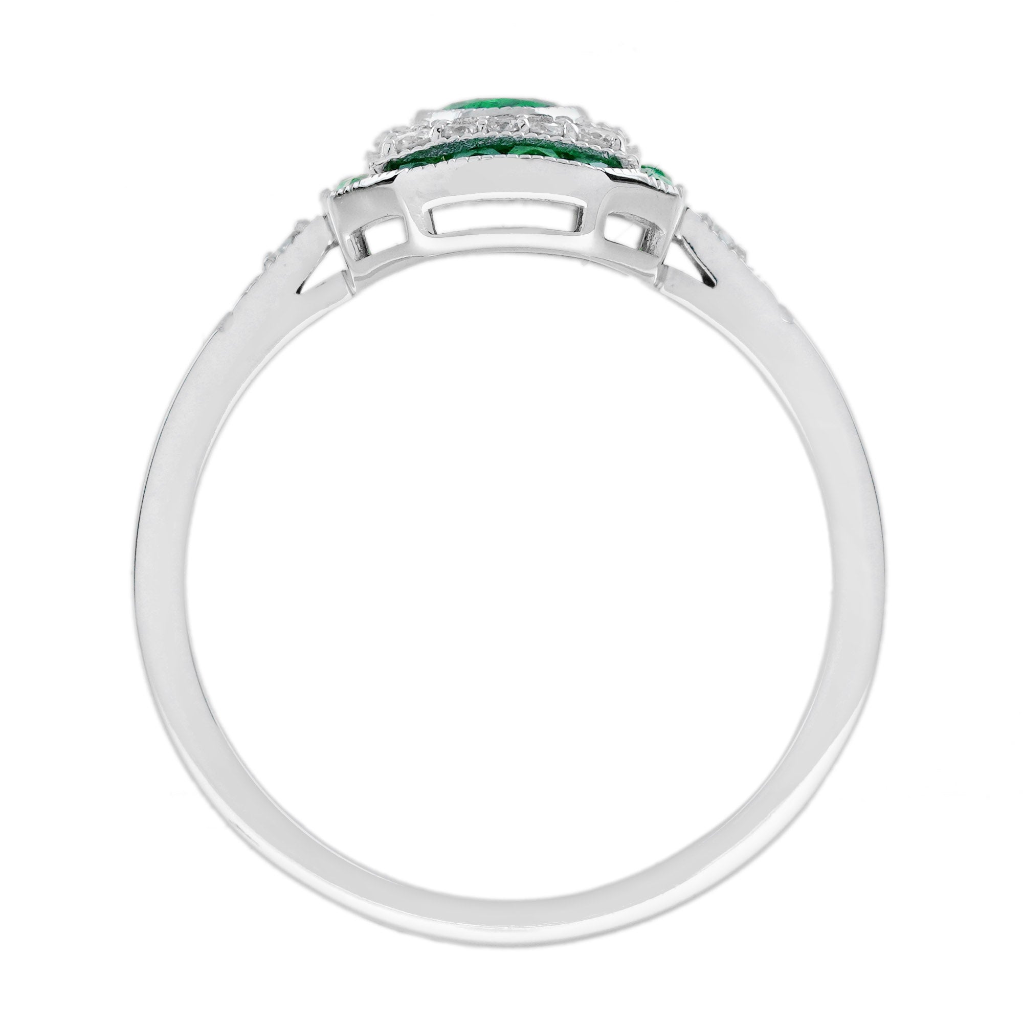 Oval Shape Green Emerald Diamond Vintage Inspire Art Deco Style White Gold Ring