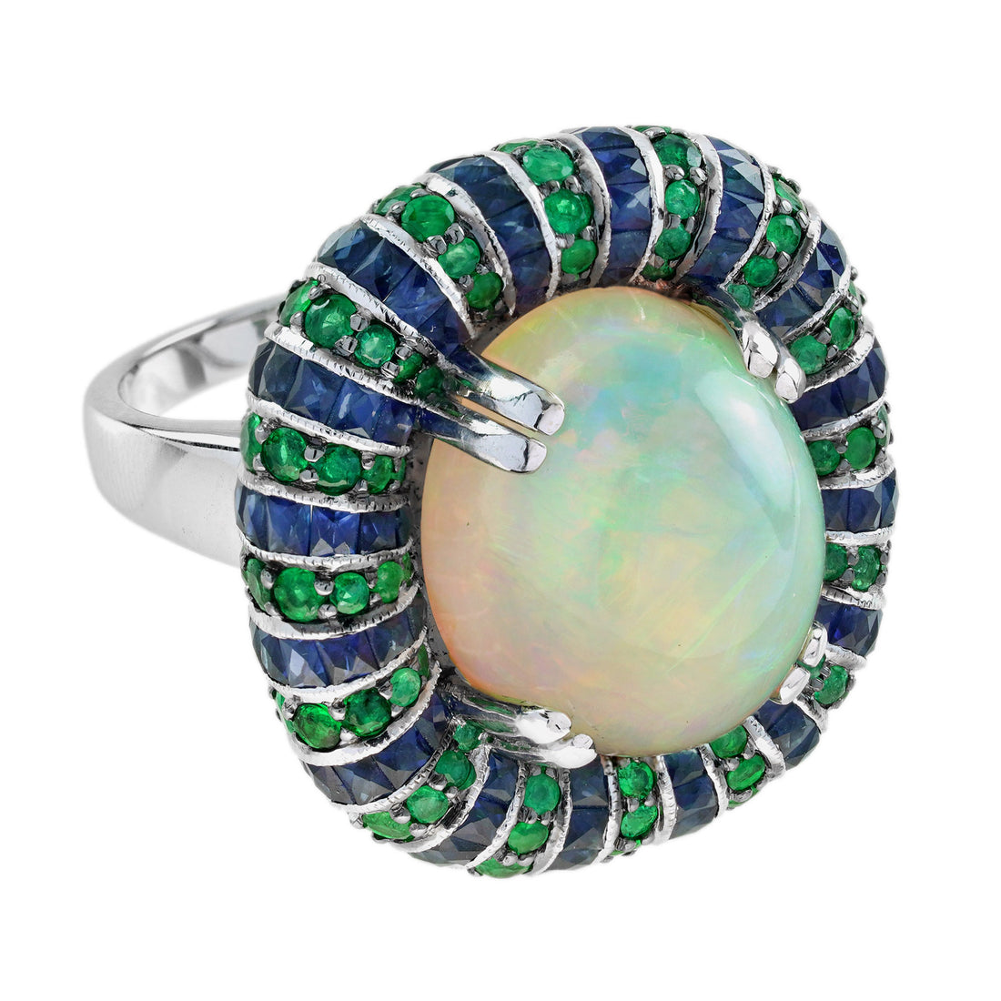White Ethiopian Opal Emerald Sapphire Antique Style Cocktail 18K White Gold Ring