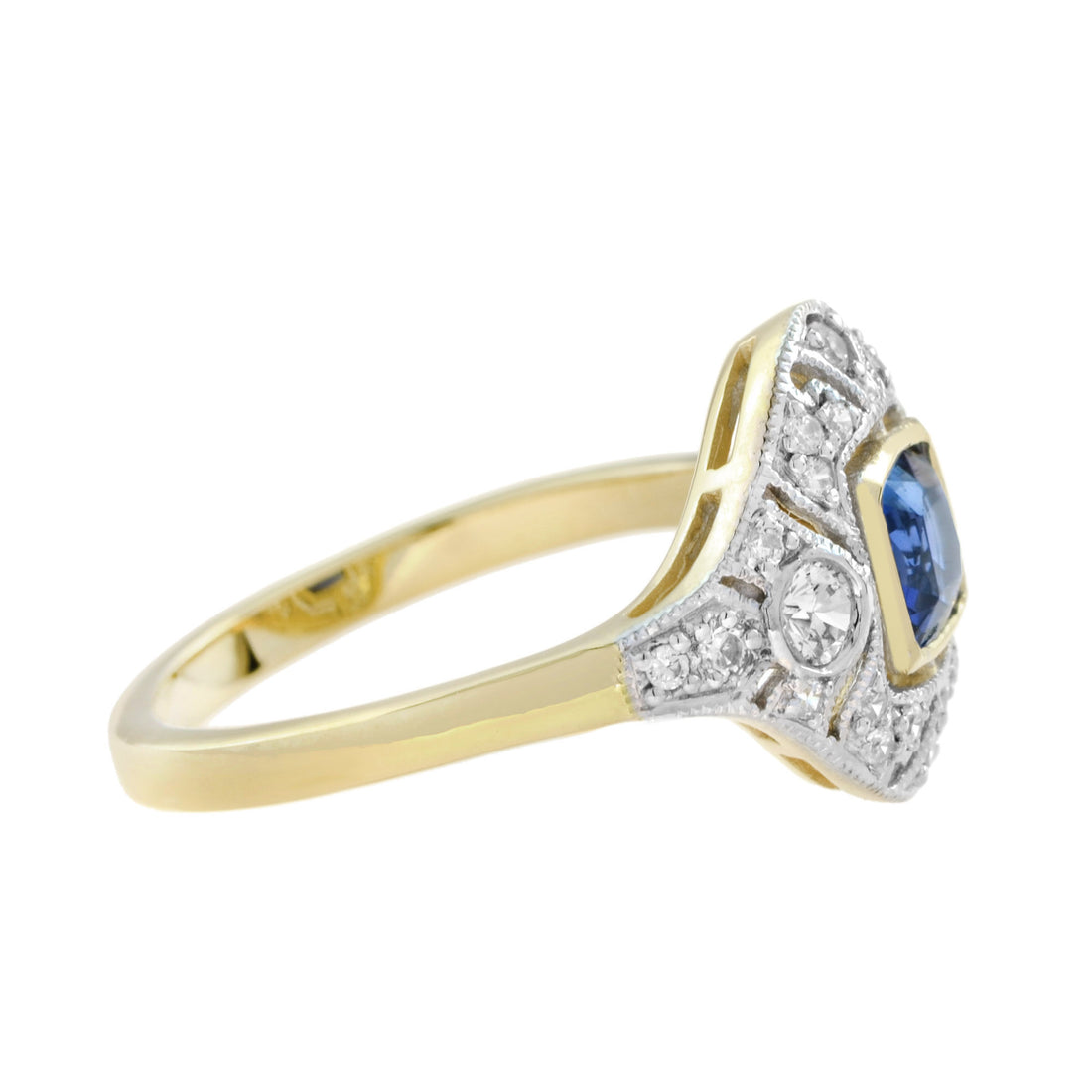 Cushion Blue Sapphire & Diamond Art Deco Style Engagement 14K Yellow Gold Ring