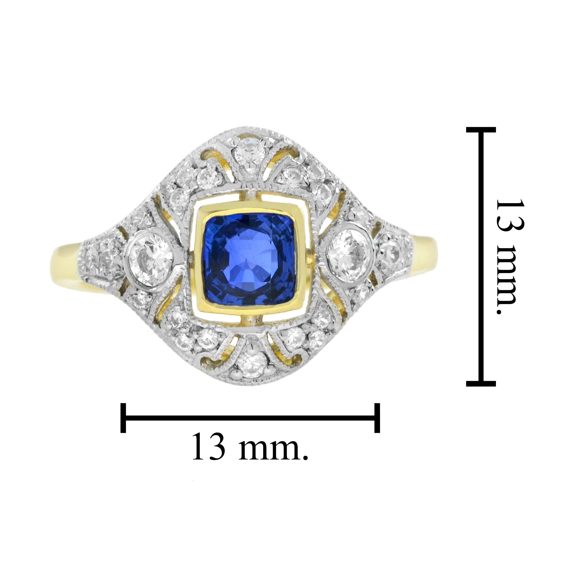 Cushion Blue Sapphire & Diamond Art Deco Style Engagement 14K Yellow Gold Ring