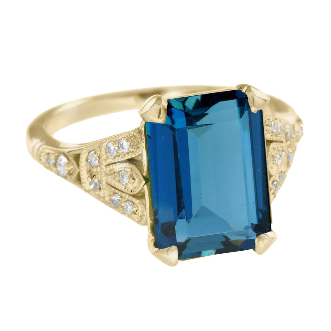 Emerald Cut London Blue Topaz & Diamond Solitaire 14K Yellow Gold Ring