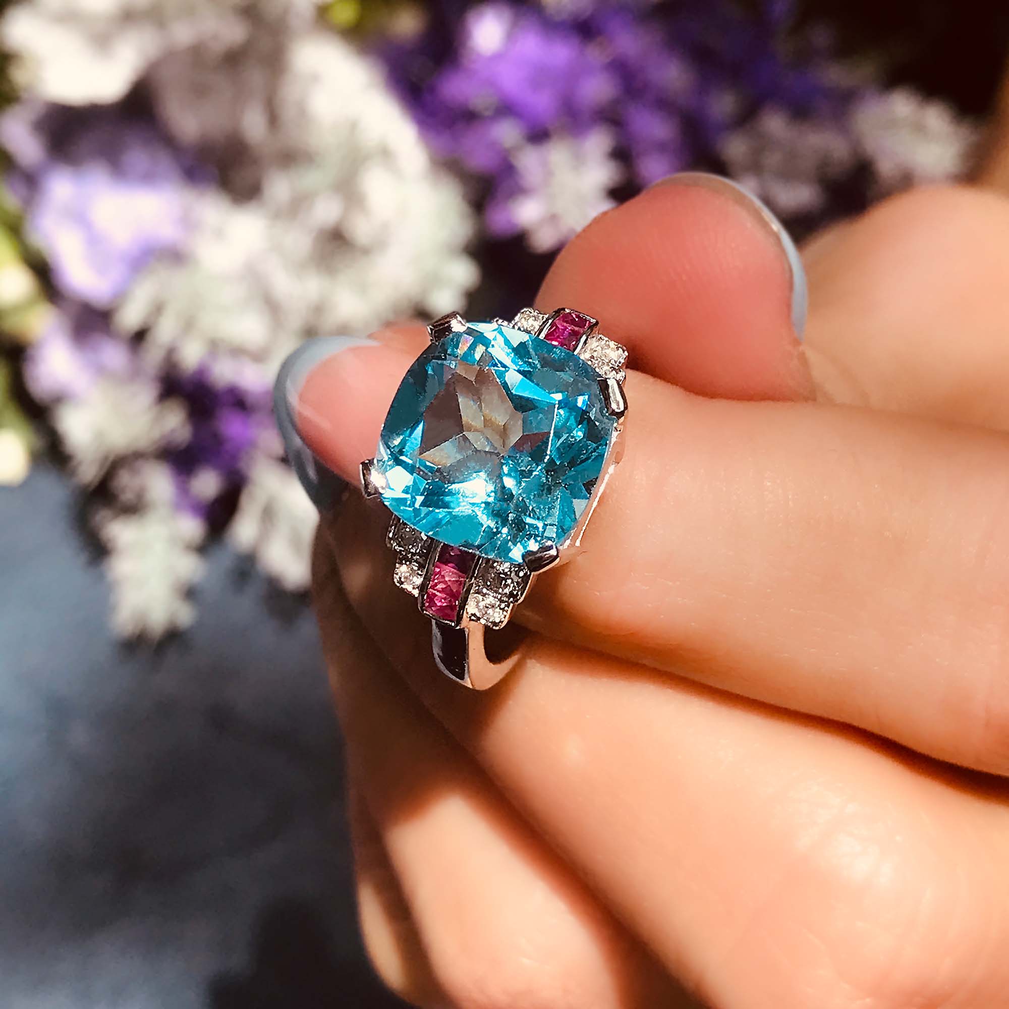 Cushion Blue Topaz & Diamond Pink Ruby Art Deco Style 14K White Gold Ring