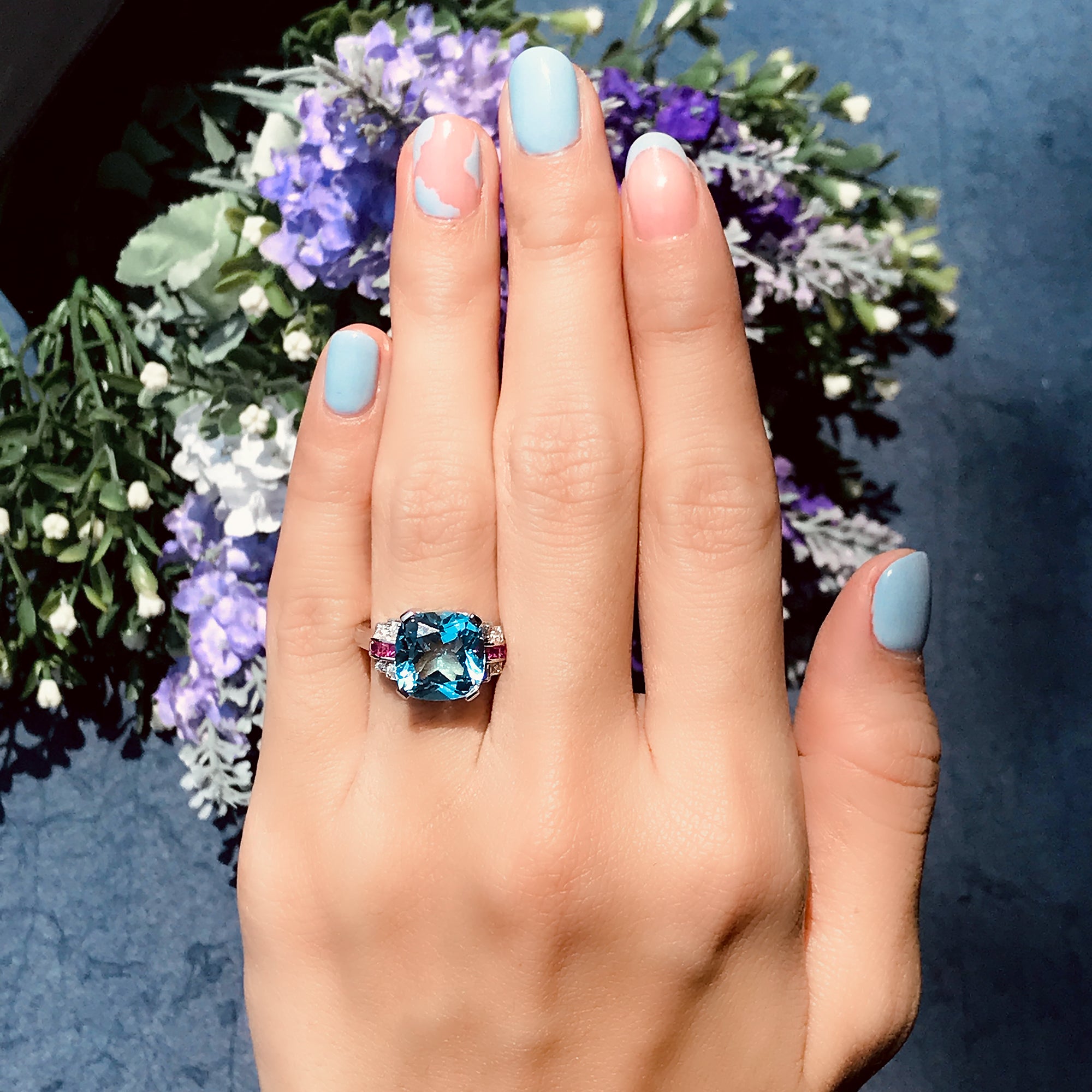 Cushion Blue Topaz & Diamond Pink Ruby Art Deco Style 14K White Gold Ring