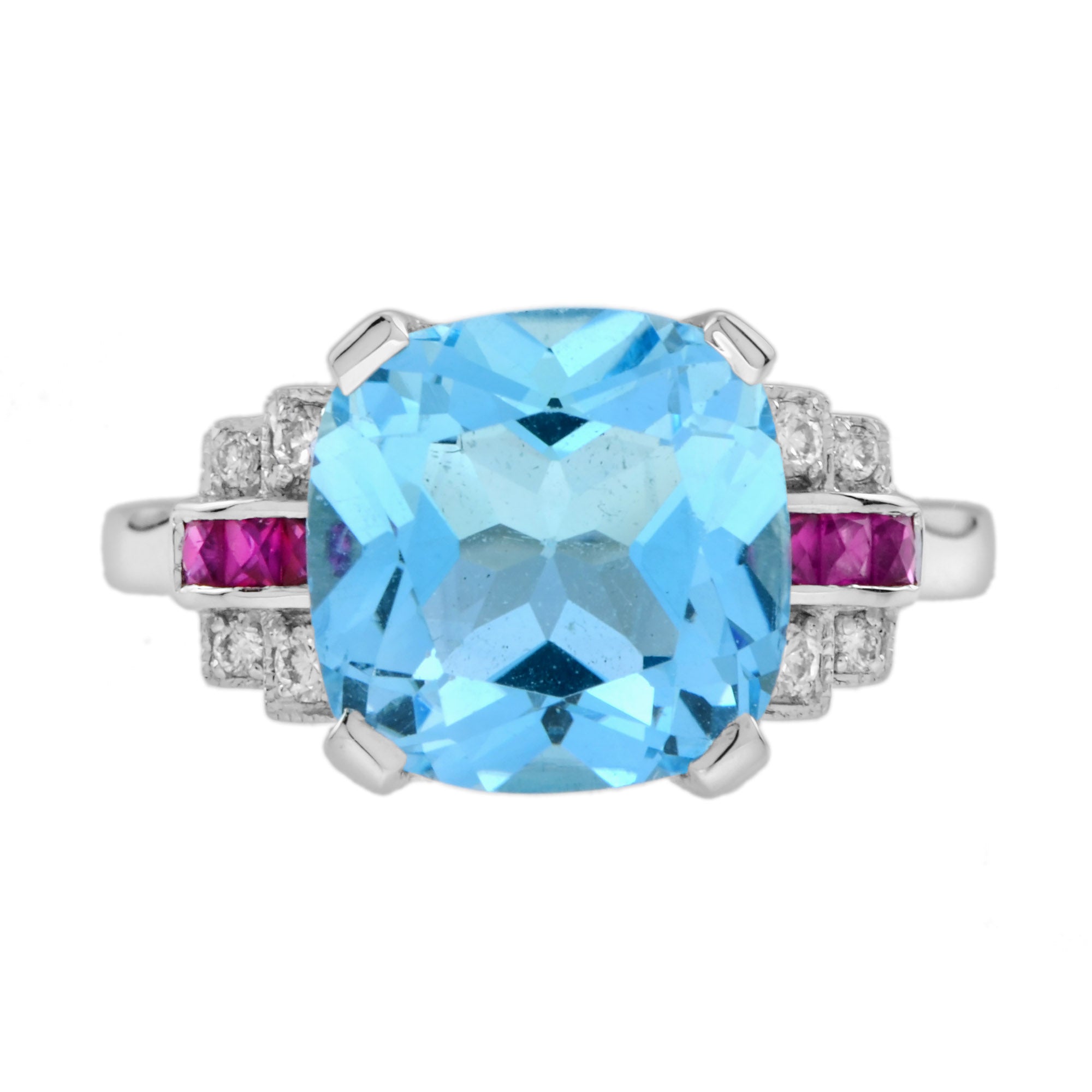 Cushion Blue Topaz & Diamond Pink Ruby Art Deco Style 14K White Gold Ring