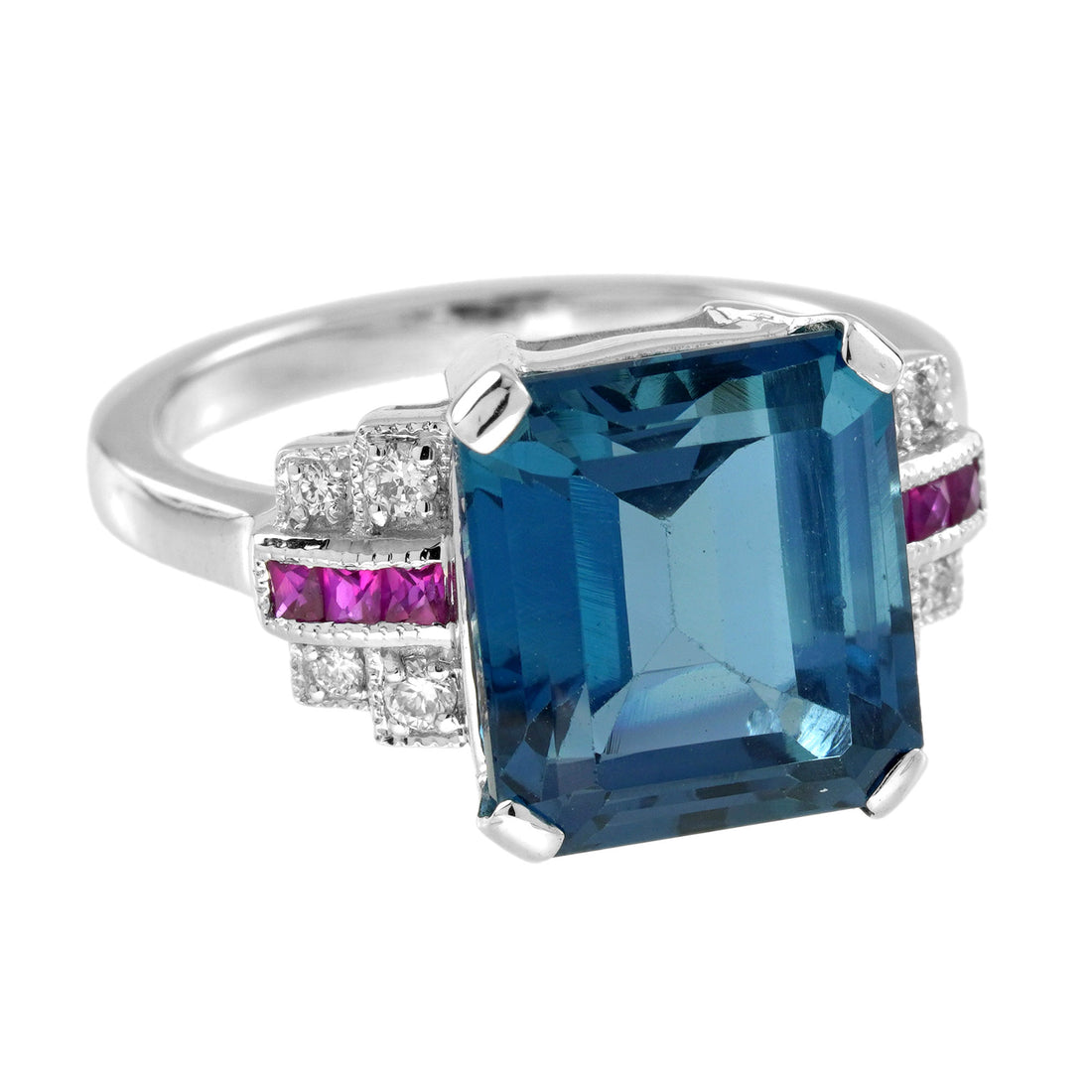 Emerald Shape London Blue Topaz & Ruby Diamond Art Deco Style White Gold Ring