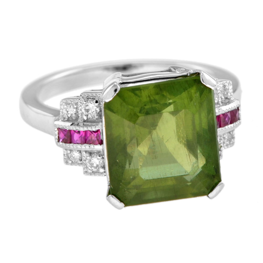 Certified Green Apatite with Diamond Ruby Art Deco Style 18K White Gold Ring