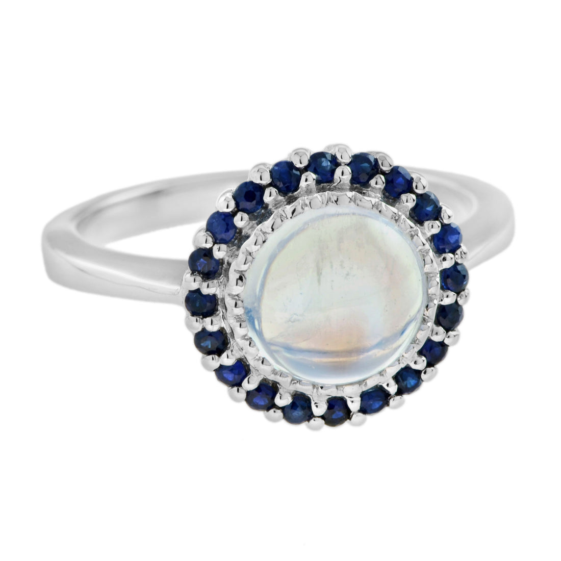 Round White Moonstone & Blue Sapphire Halo Set Vintage Style 14K White Gold Ring