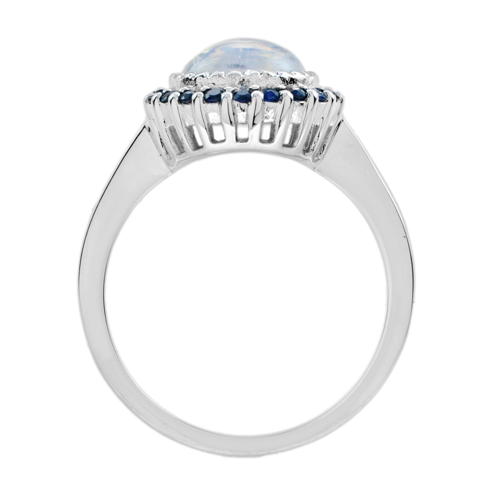 Round White Moonstone & Blue Sapphire Halo Set Vintage Style 14K White Gold Ring