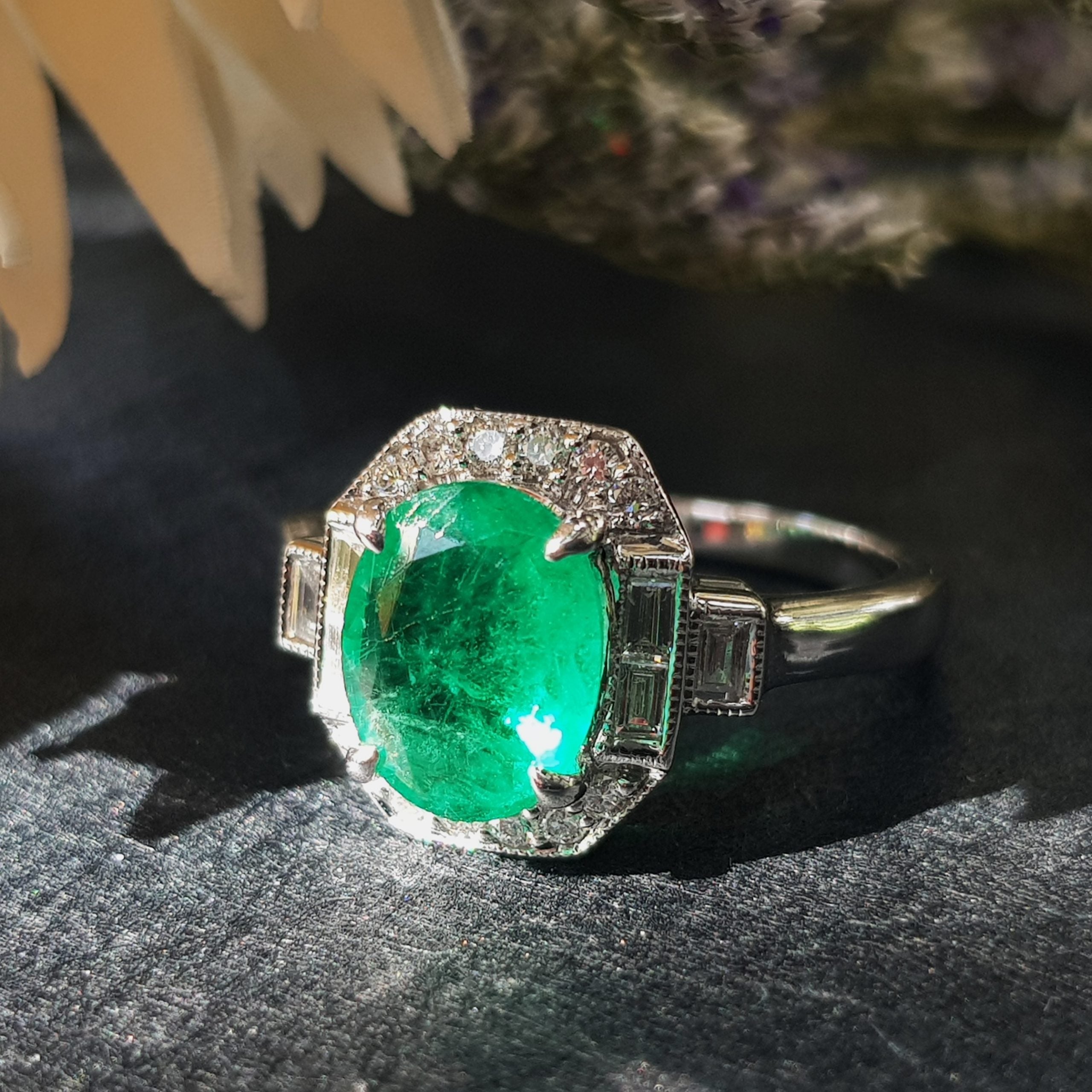 Art Deco Style Oval Shape Emerald & Diamond Halo Set 18K White Gold Ring