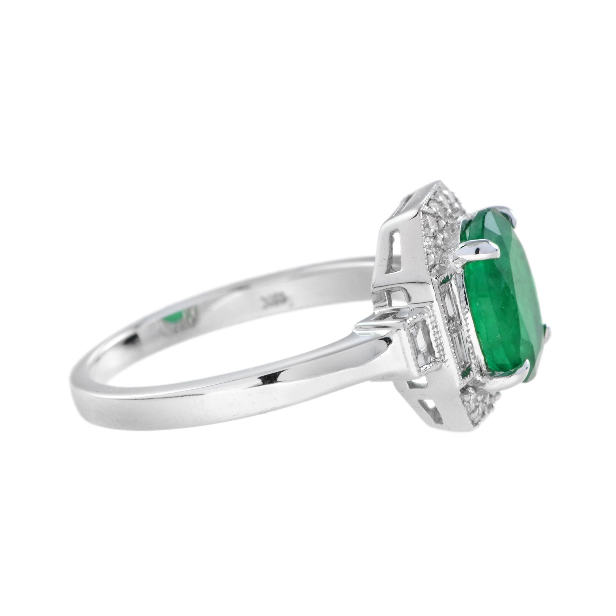 Art Deco Style Oval Shape Emerald & Diamond Halo Set 18K White Gold Ring