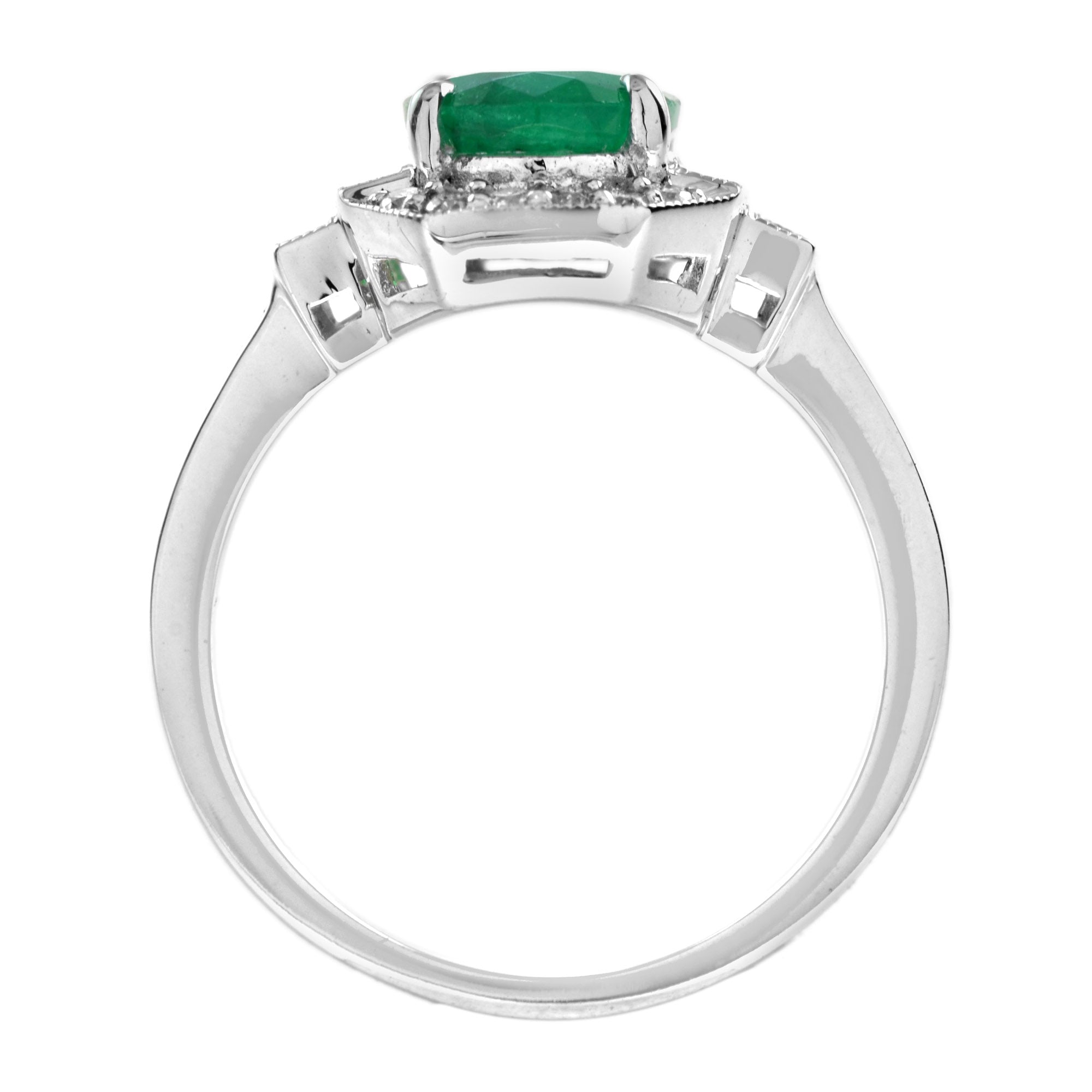 Art Deco Style Oval Shape Emerald & Diamond Halo Set 18K White Gold Ring