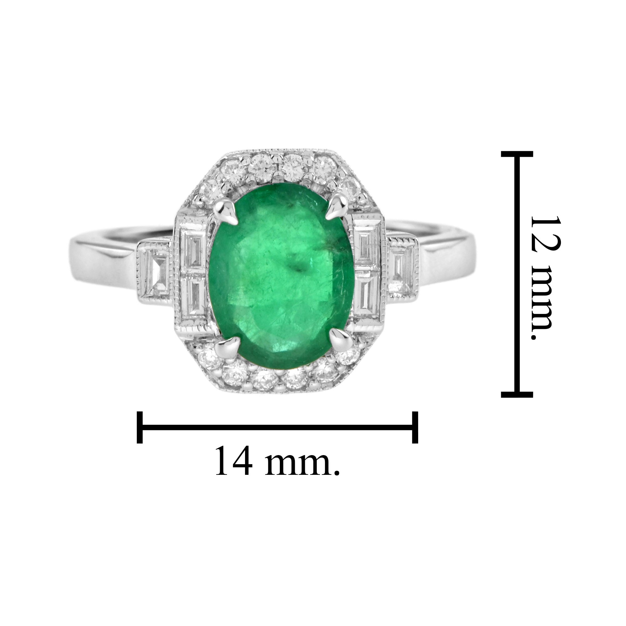 Art Deco Style Oval Shape Emerald & Diamond Halo Set 18K White Gold Ring