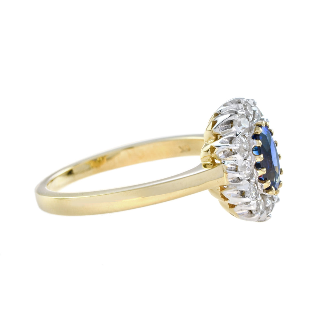 Ceylon Oval Shape Blue Sapphire Diamond Halo Antique Style 18K Yellow Gold Ring