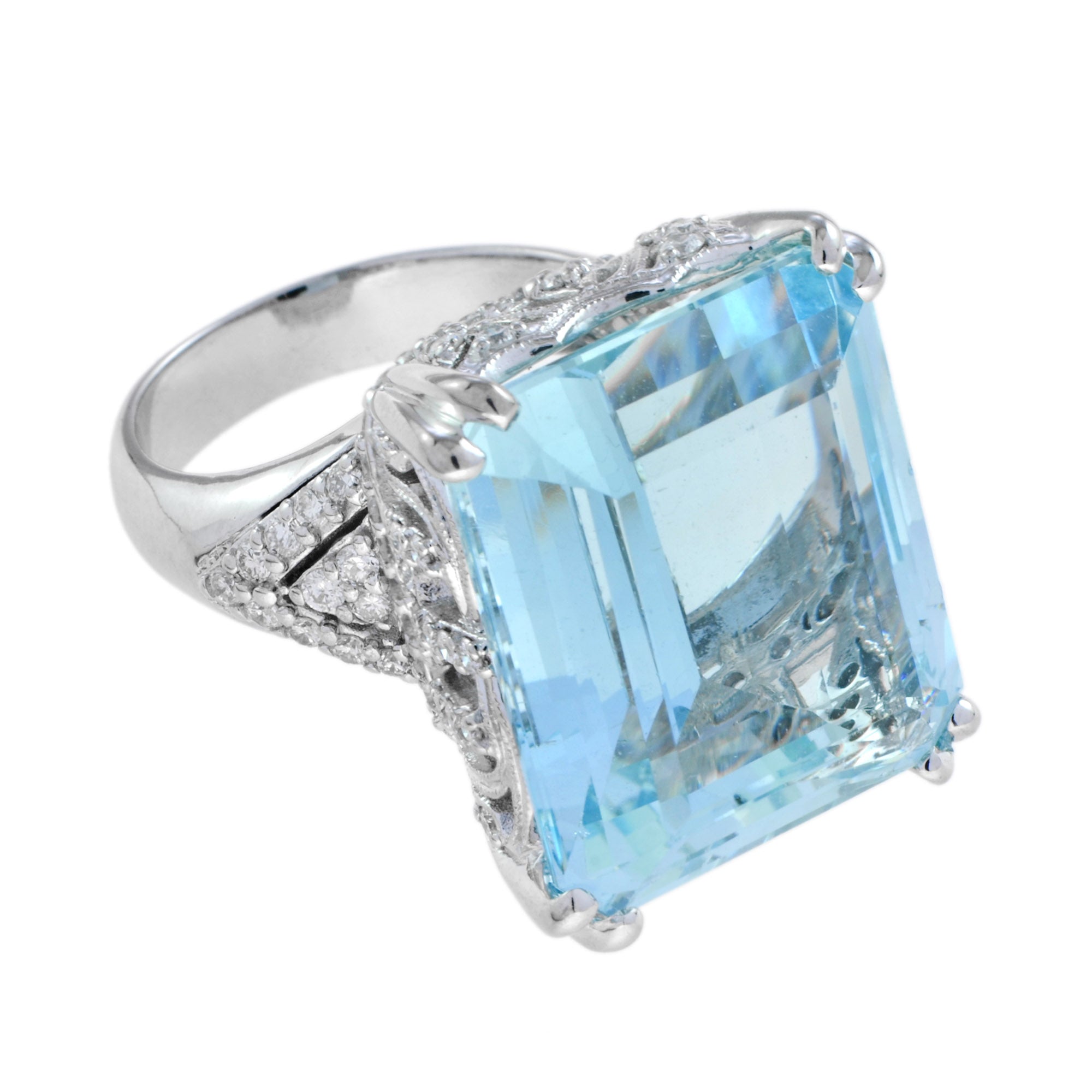 24.55 CT. Cert Blue Octagon Aquamarine & Diamond Cocktail 18K White Gold Ring