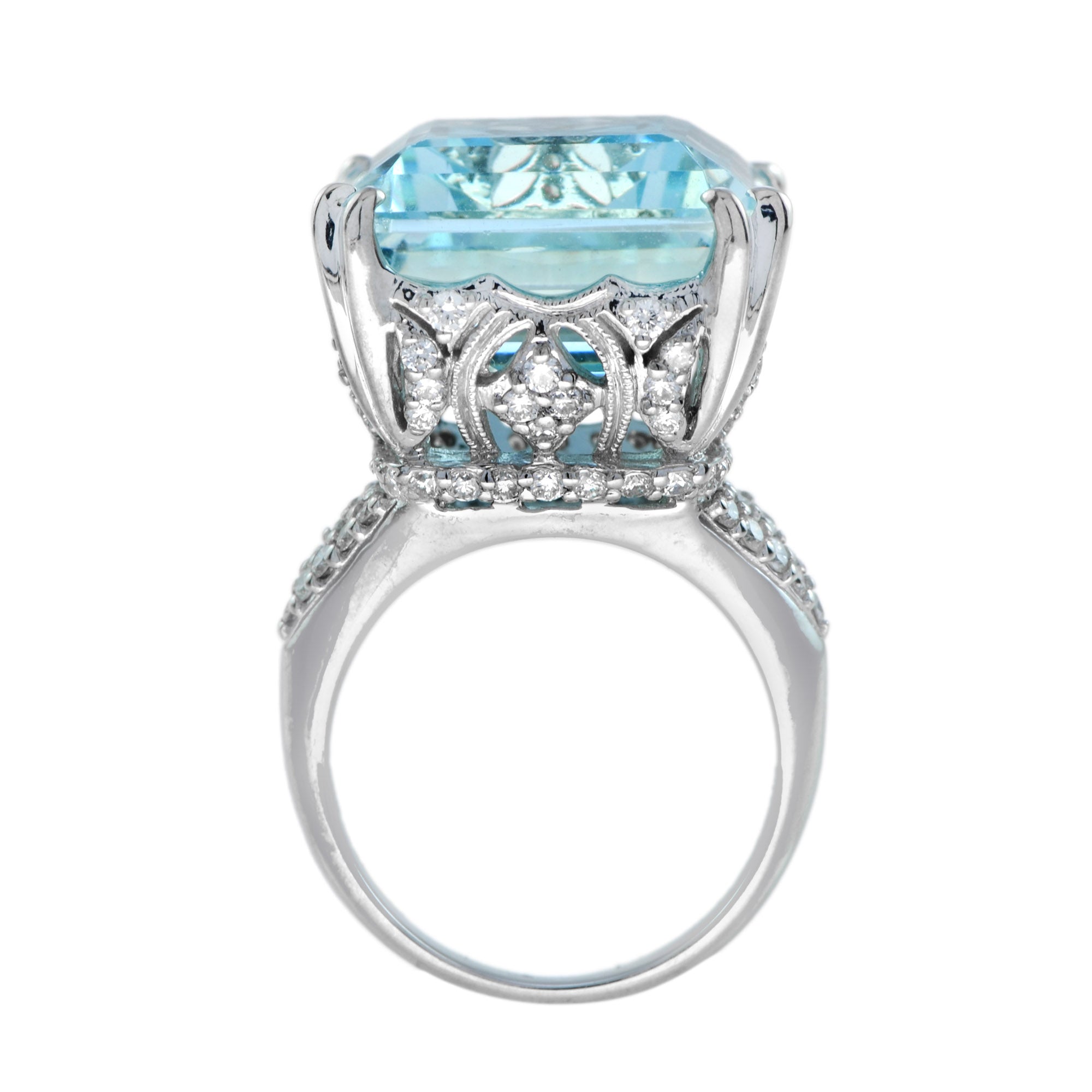 24.55 CT. Cert Blue Octagon Aquamarine & Diamond Cocktail 18K White Gold Ring