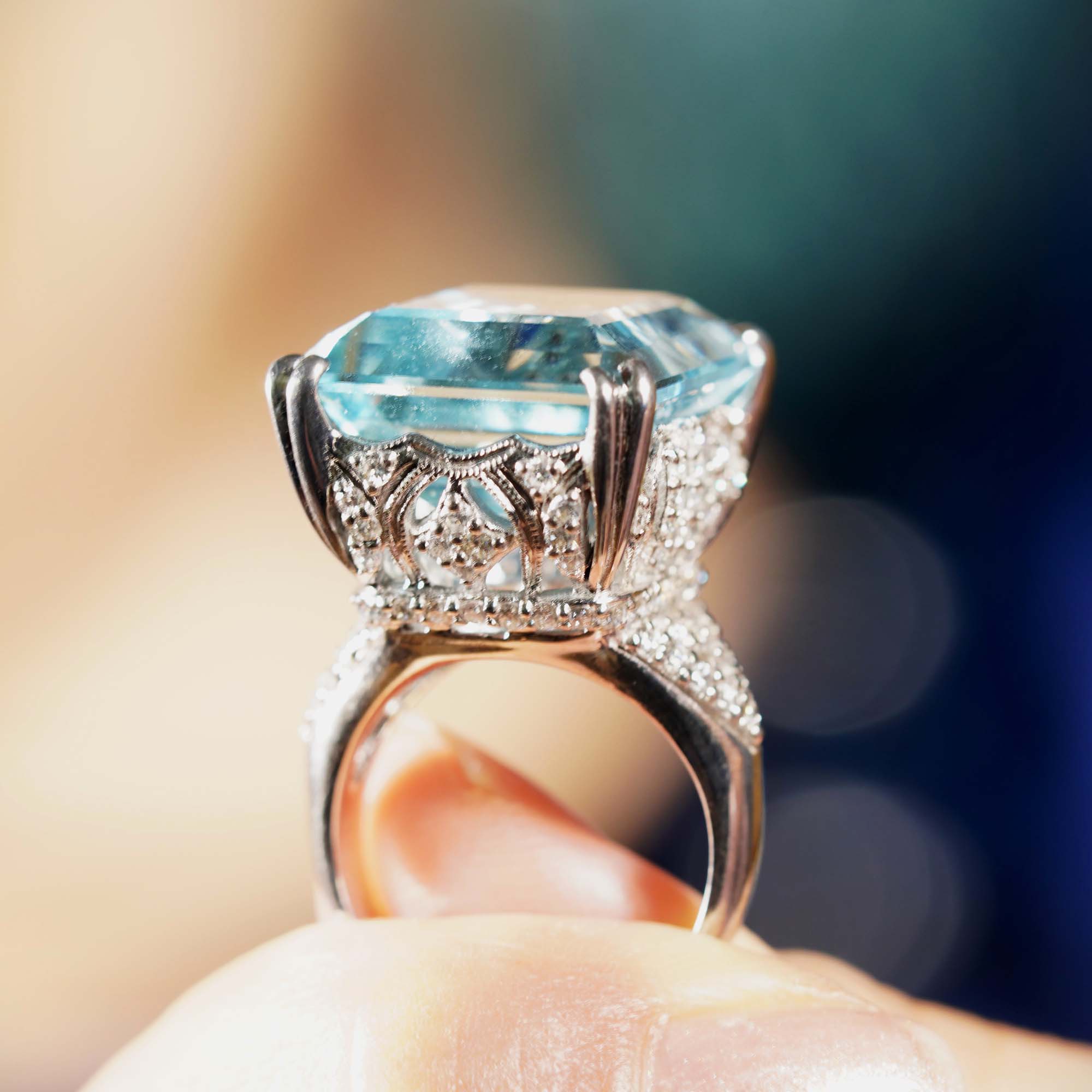 24.55 CT. Cert Blue Octagon Aquamarine & Diamond Cocktail 18K White Gold Ring
