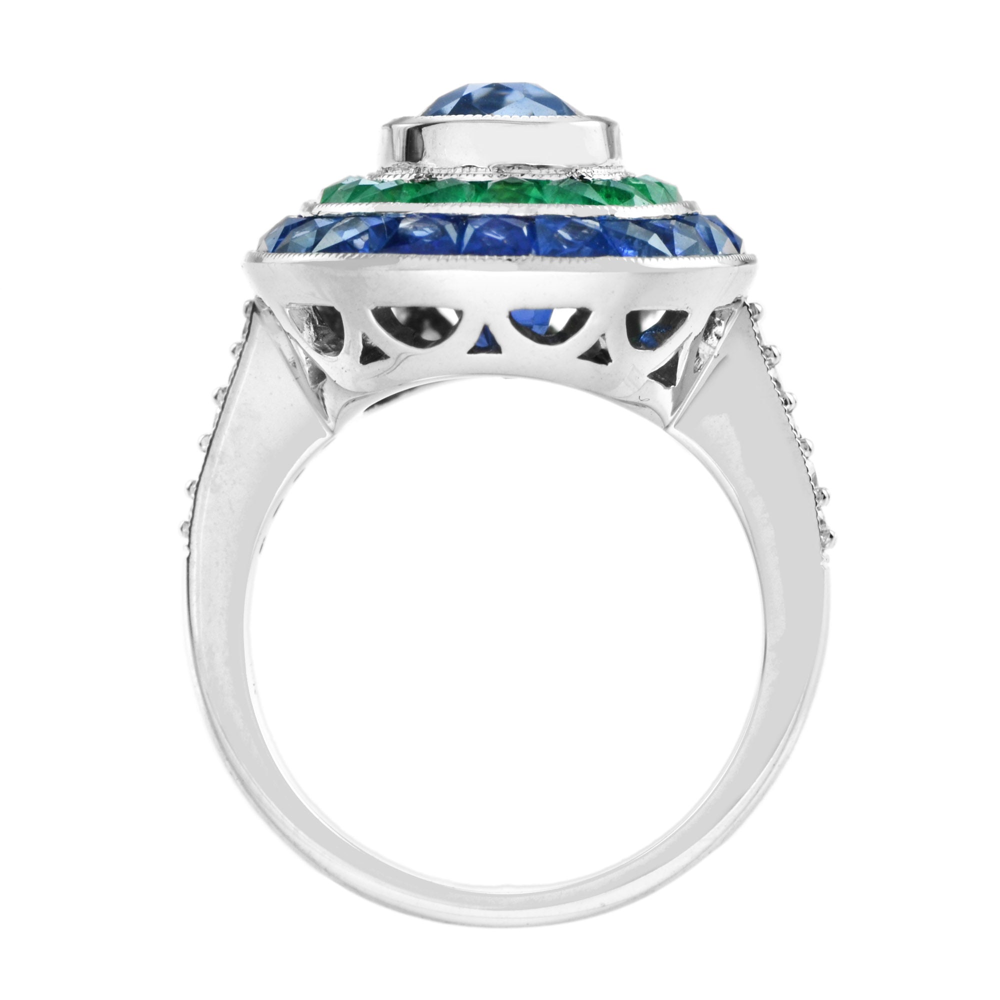 Cushion Shape Ceylon Blue Sapphire with Green Emerald & Sapphire Diamond Ring