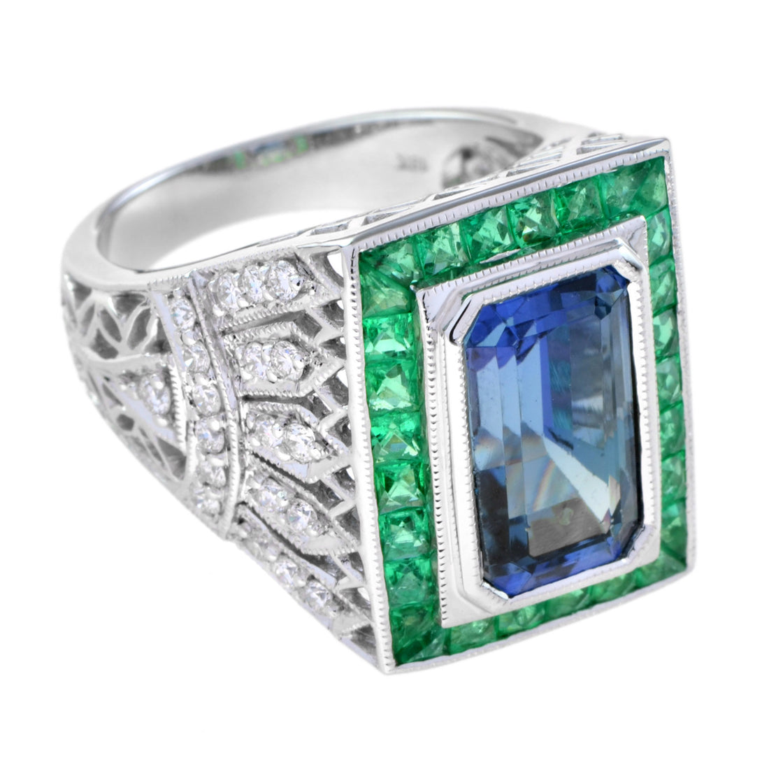 Octagon Blue Tanzanite & Emerald and Diamond Art Deco Style 18K White Gold Ring