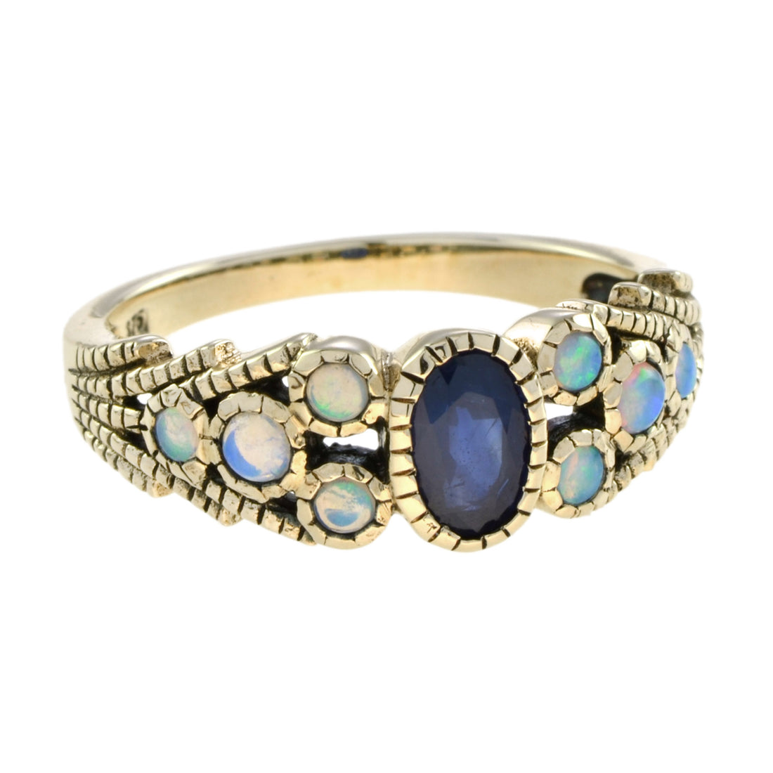 Oval Blue Sapphire & Opal Antique Vintage Inspired Style Yellow Gold Ring