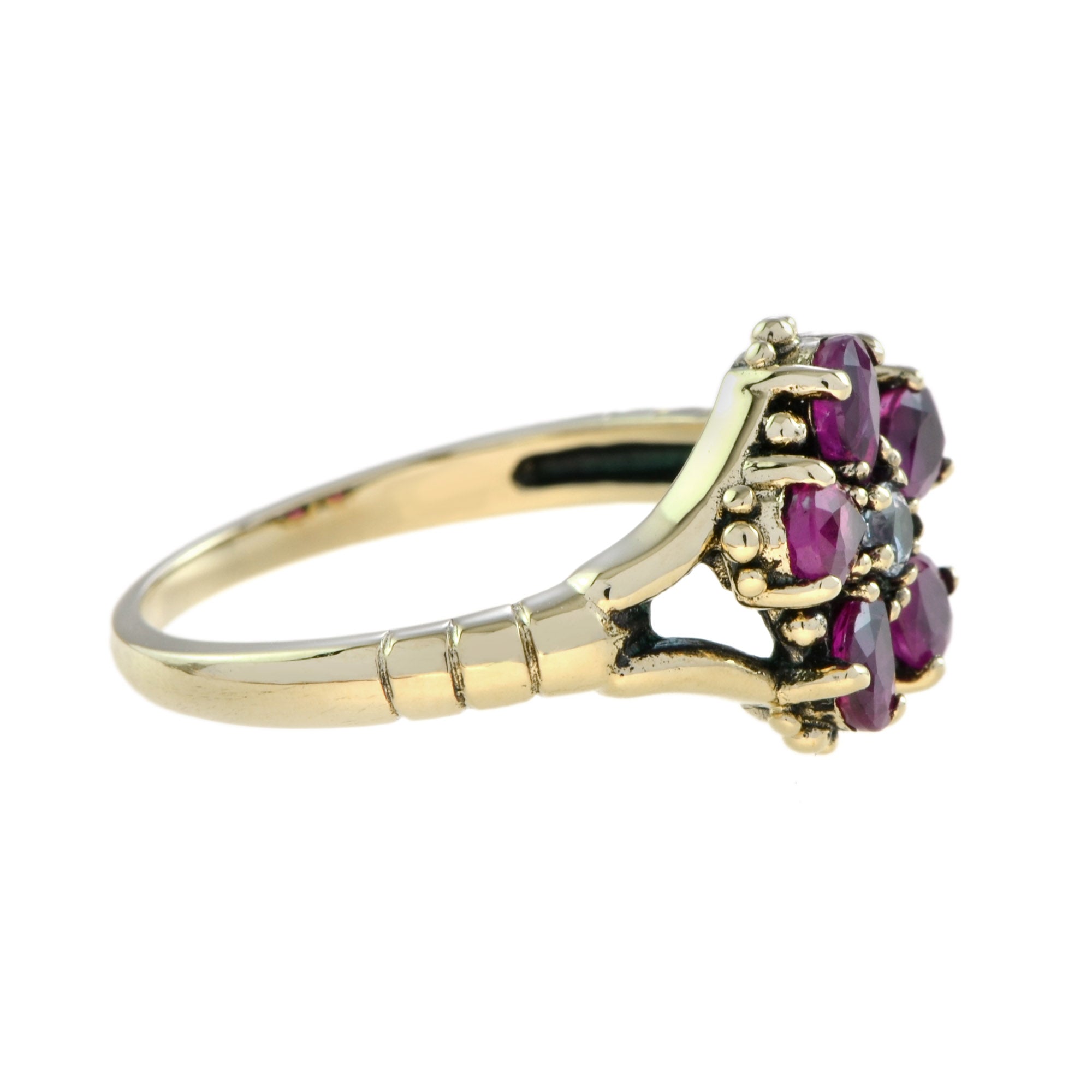 Vintage Inspired White Sapphire & Ruby Vintage Style Floral Cluster Gold Ring