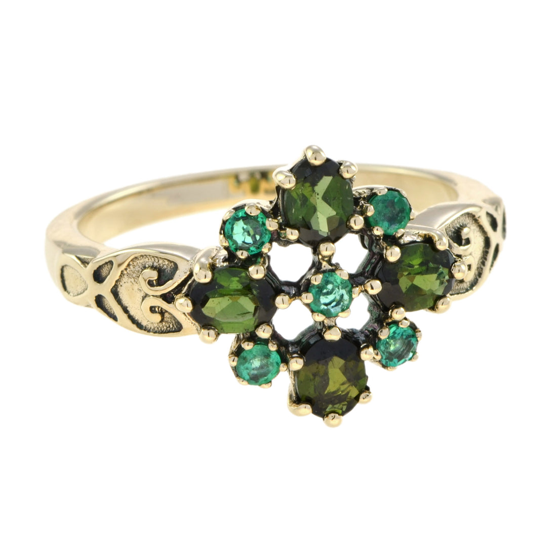 Vintage Style Green Tourmaline & Emerald Cluster 9K Yellow Gold Ring